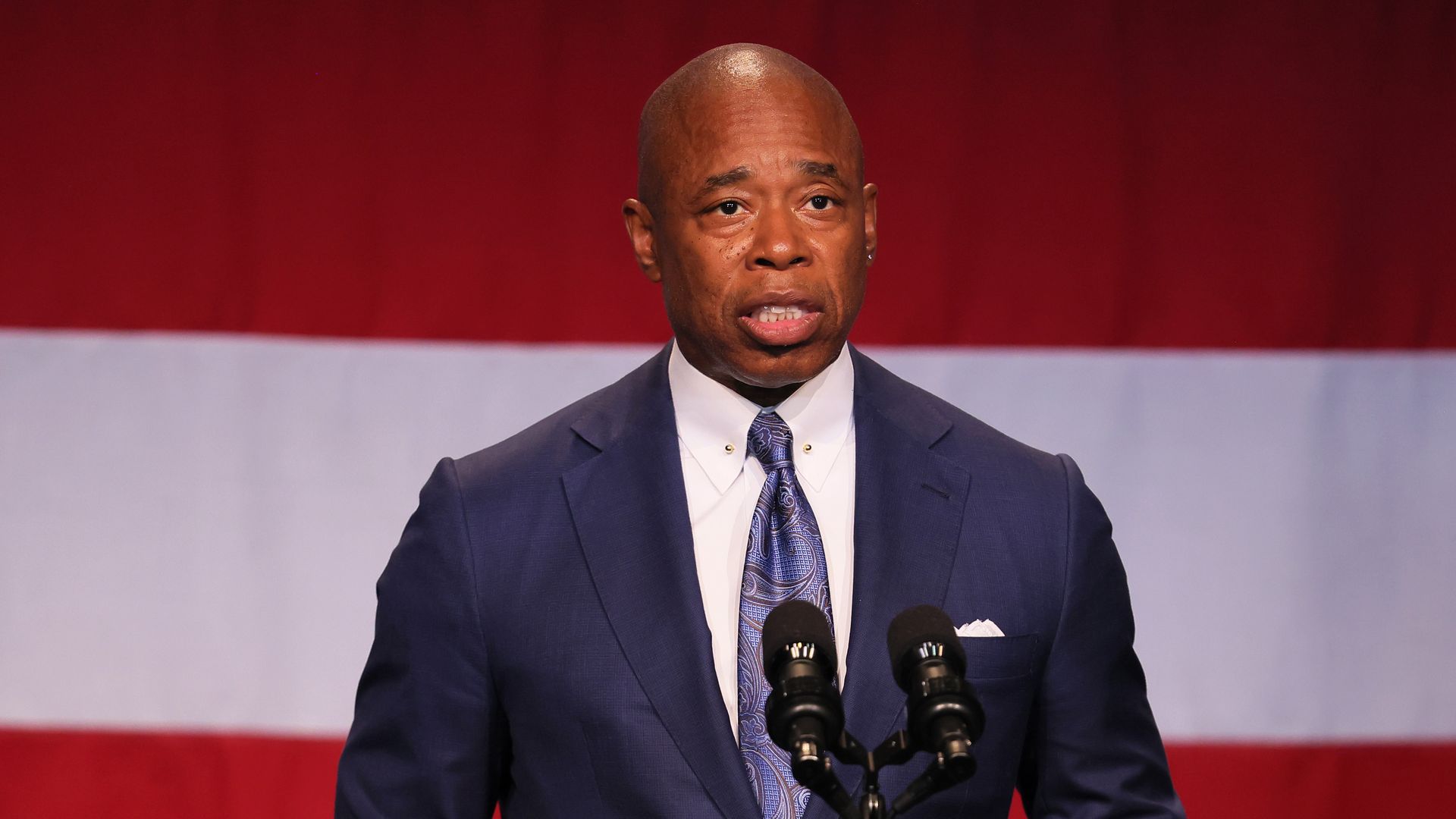 New York City Mayor Eric Adams speaks at the Billie Holiday Theatre in Restoration Plaza on July 28, 2022 in the Bedford-Stuyvesant neighborhood of Brooklyn.