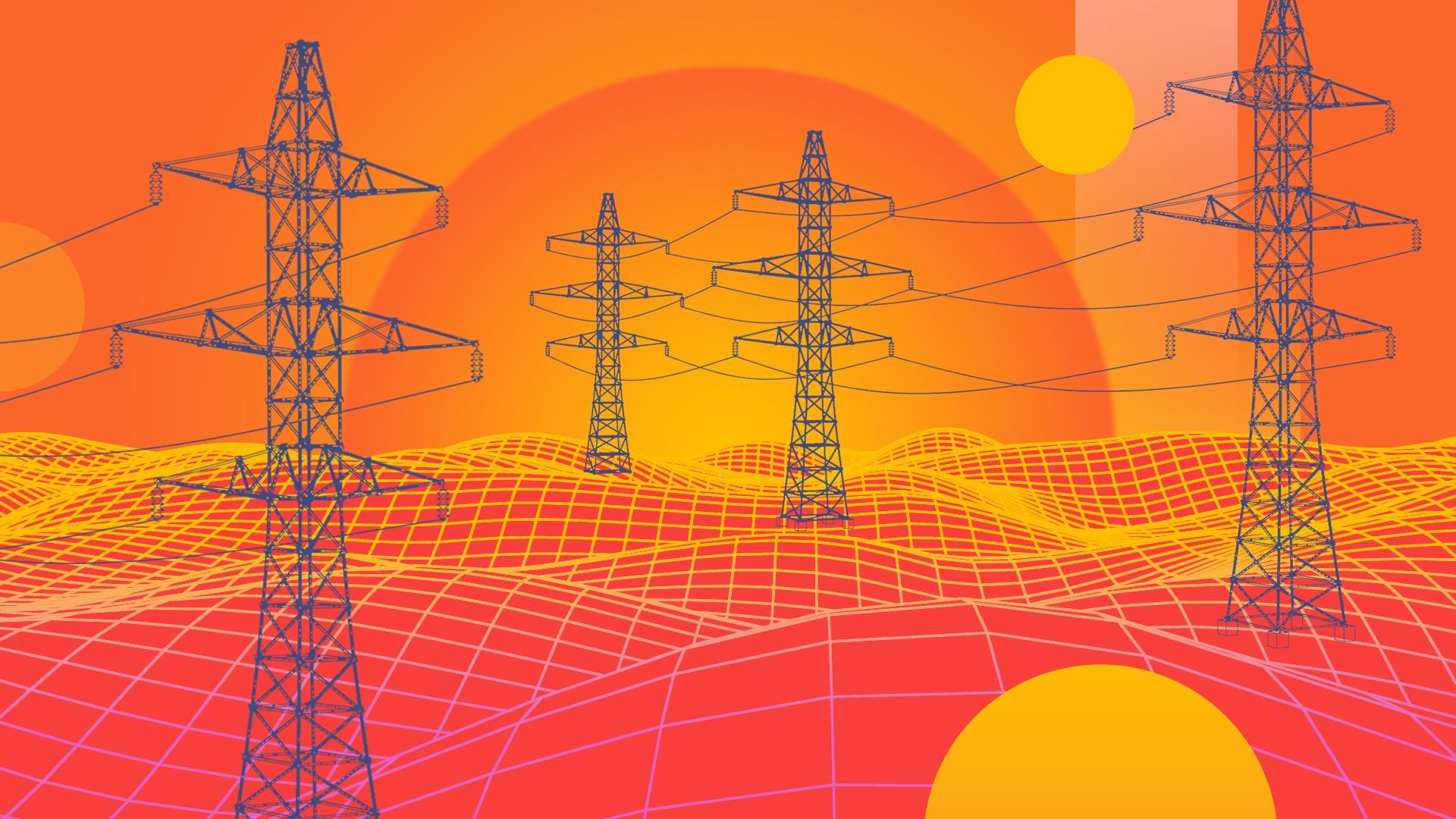 Illustration of a wireframe futuristic landscape with large power lines, surrounded by abstract circles and radical colors