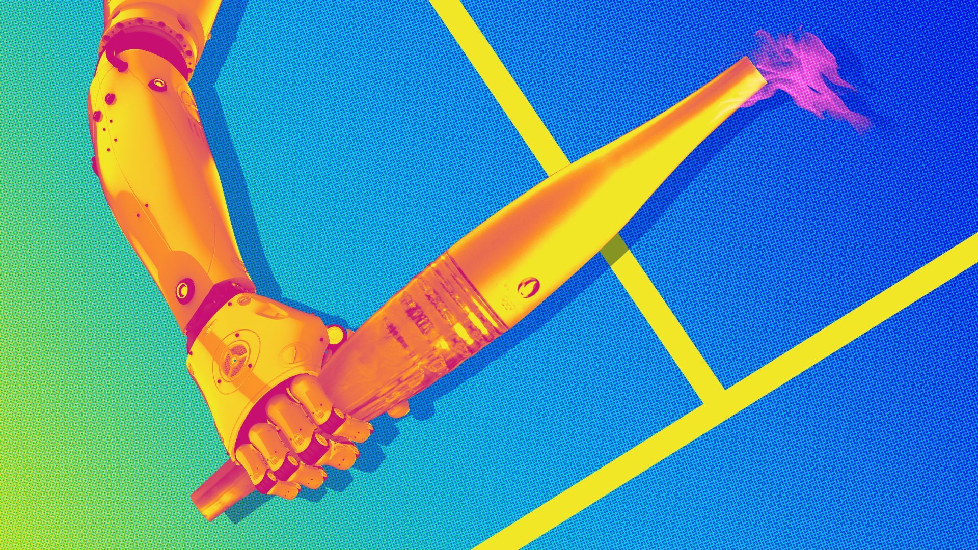 Illustration of a robotic arm carrying the Olympic torch.