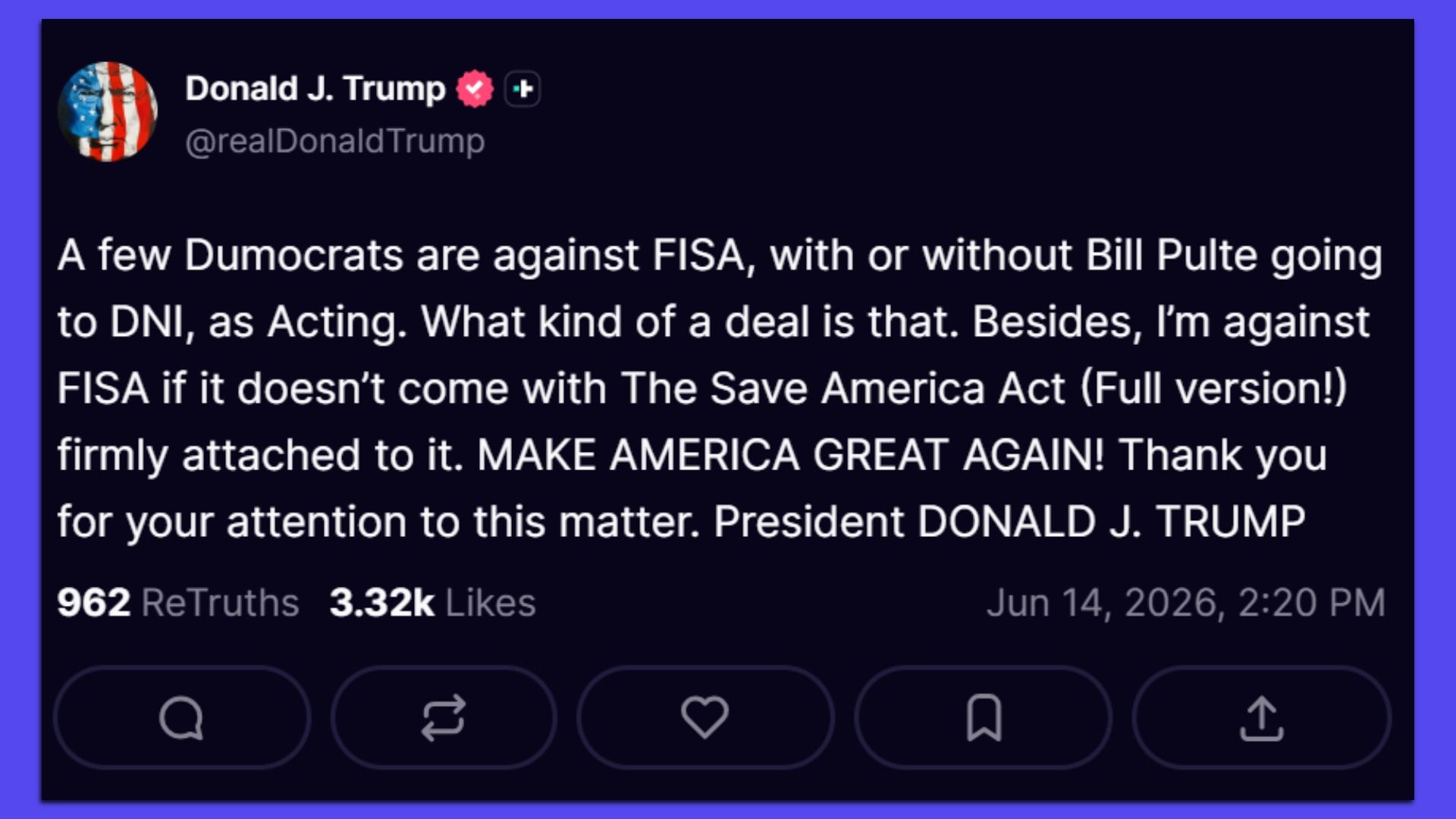 Trump won't back FISA renewal without his SAVE America Act voting bill