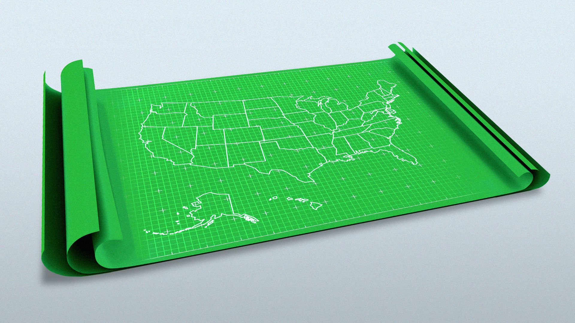 Illustration of blueprints colored green with the map of the United States drawn 