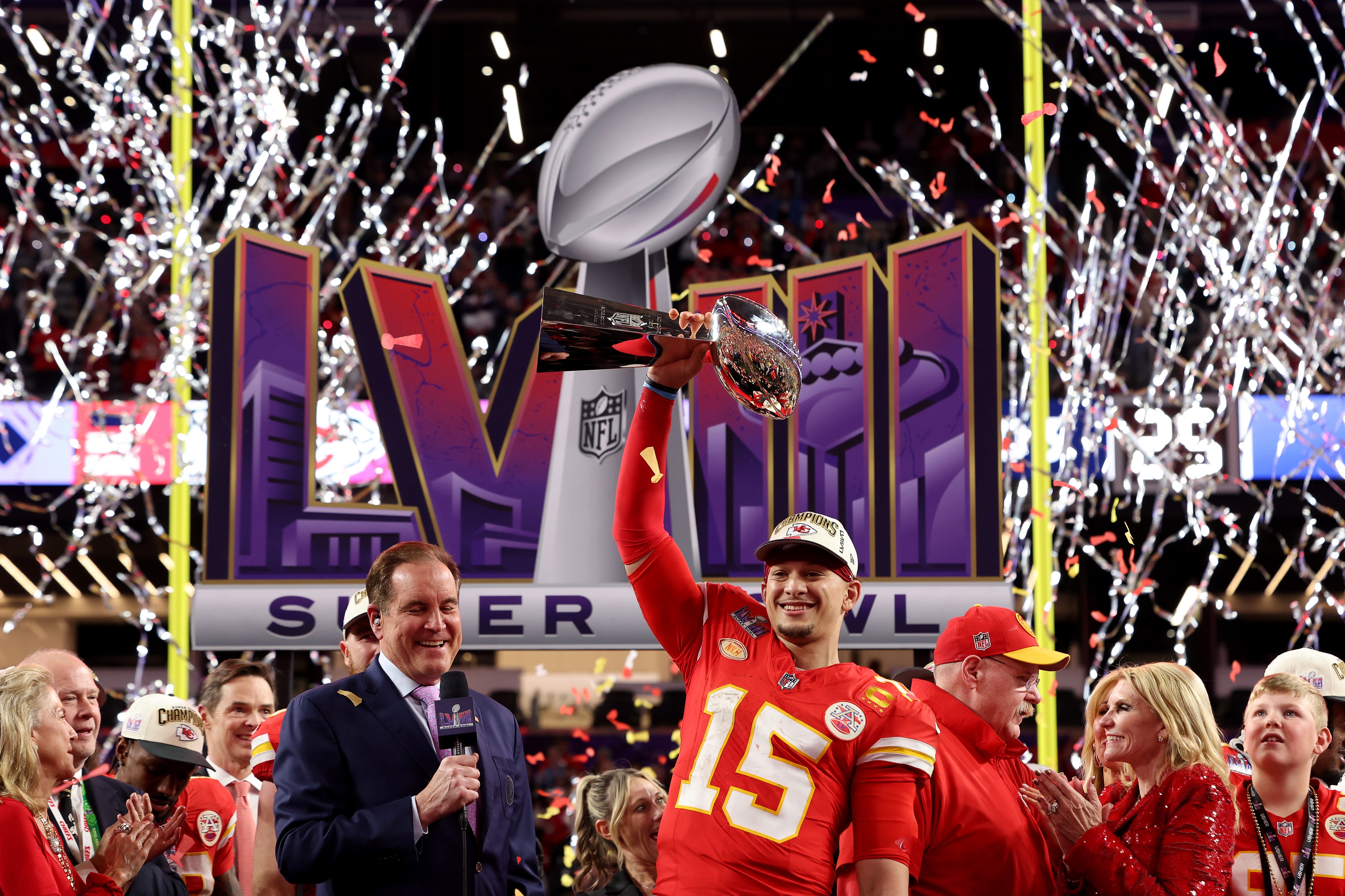 Patrick Mahomes #15 of the Kansas City Chiefs holds the Lombardi Trophy after defeating the San Francisco 49ers 25-22 during Super Bowl LVIII at Allegiant Stadium on February 11, 2024 in Las Vegas, Nevada. 