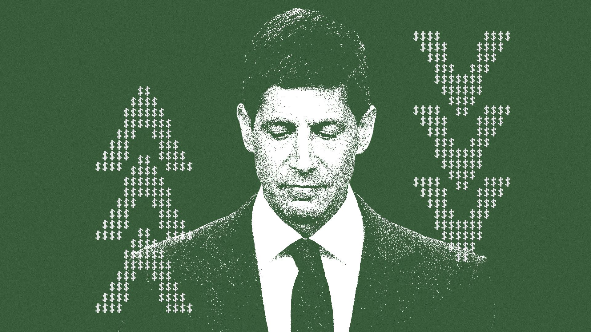 Photo illustration of Kevin Warsh with abstract arrows made from dollar bill signs going up and down. 