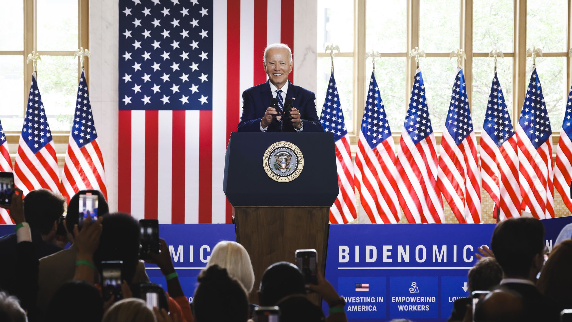 US President Joe Biden speaks at a podium during an event at the Old Post Office in Chicago, Illinois, US, on Wednesday, June 28, 203, to deliver a major address to outline the theory and practice of "Bidenomics."