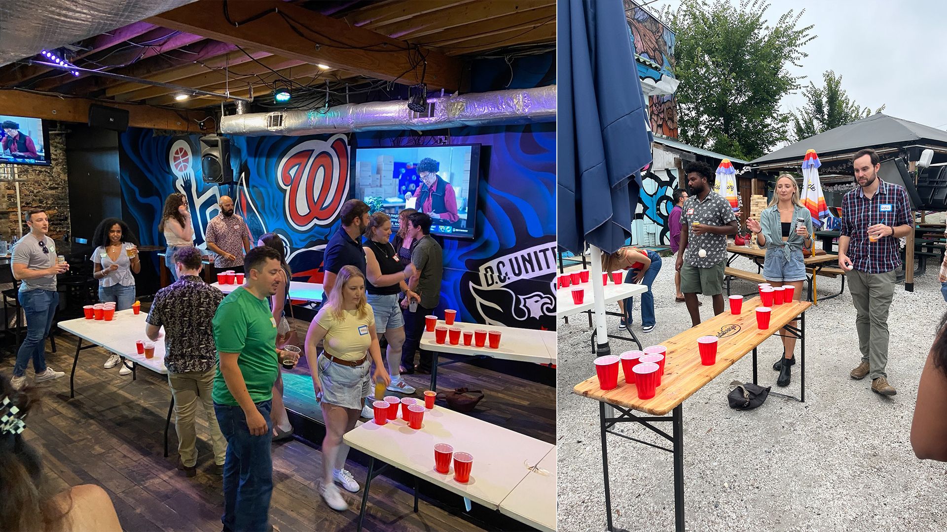 Two scenes of people playing beer pong with red cups. One indoors with mural, TV, and wood floors, the other outdoors on gravel with umbrellas and picnic tables. Casual attire, social setting.