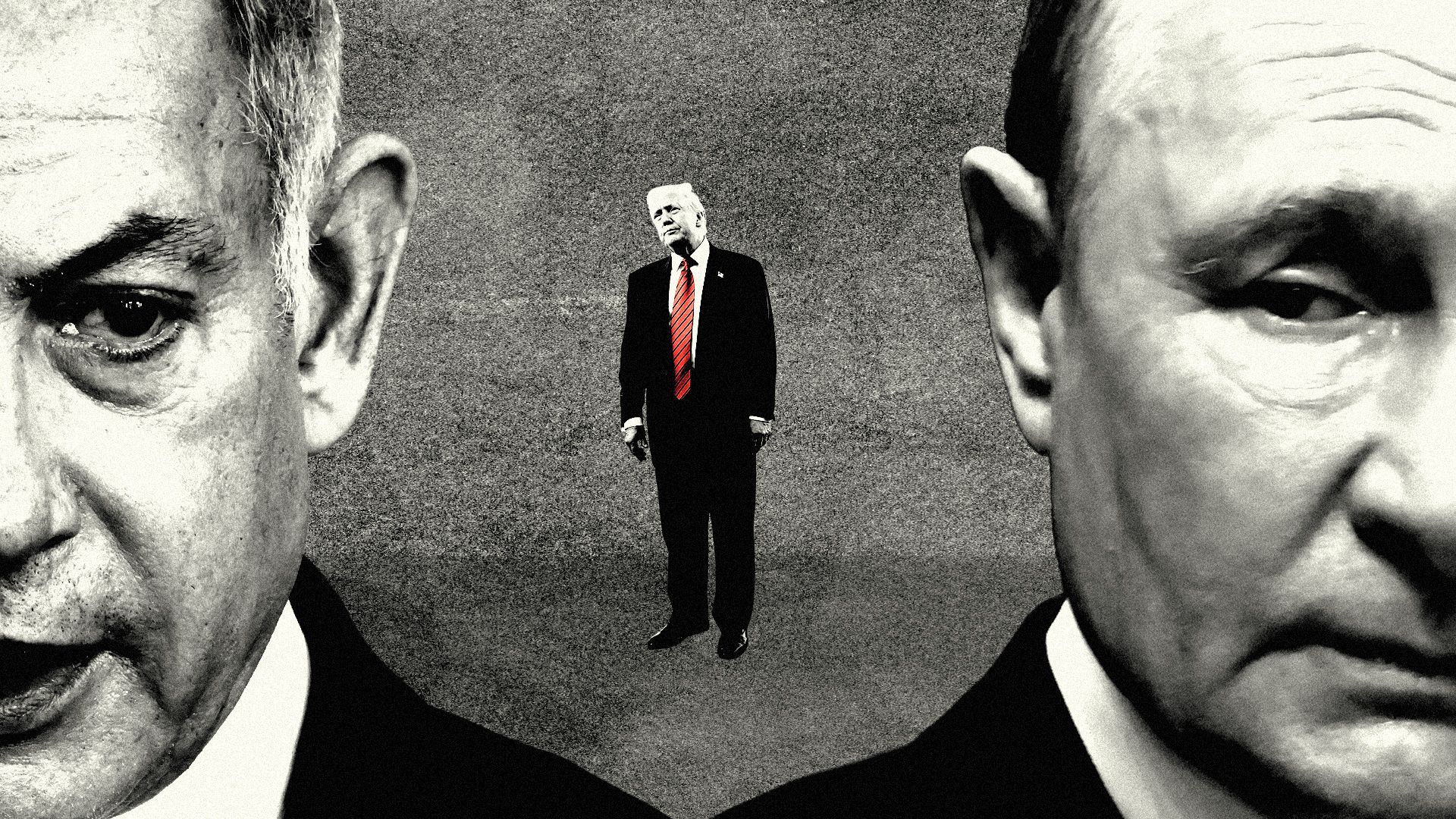 Illustration of a photo collage of closeup photos of Benjamin Netanyahu and Vladimir Putin, with a smaller image of Donald Trump between and behind them.