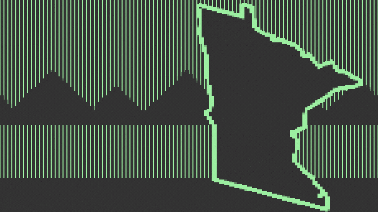 Illustration of a pixelated ox and covered wagon walking out of the shape of the state of Minnesota.