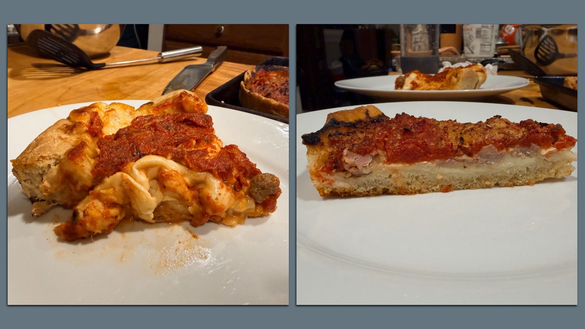 Two-panel view of lasagna on white plates. Left: large cheesy serving on a wooden kitchen counter. Right: close-up of a layered slice with meat sauce.