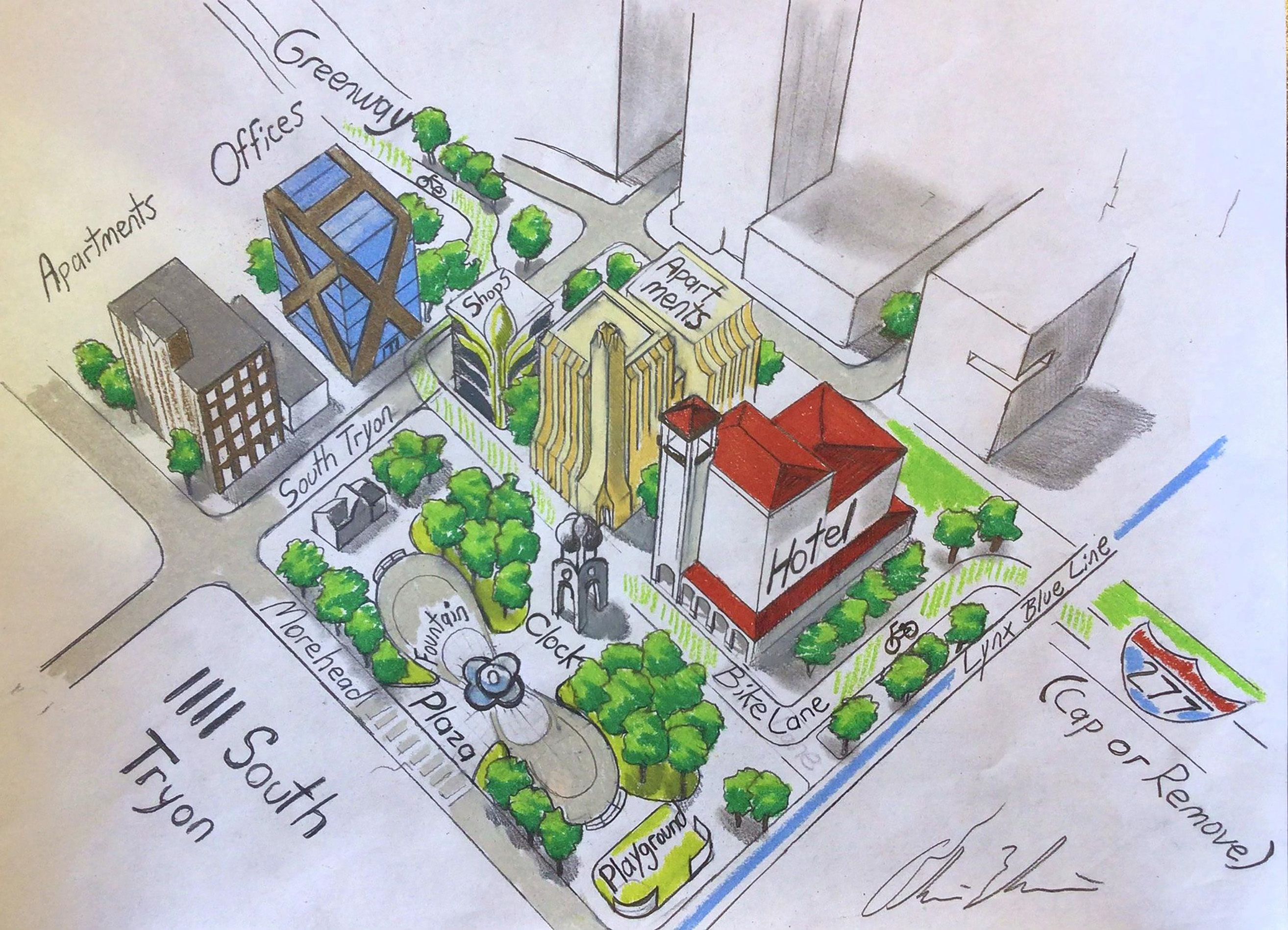 Isometric city block map with green spaces: Apartments, Offices, Shops, a beige tower, red-roofed Hotel, Plaza fountain with Clock, Playground, Bike Lane, South Tryon, Greenway, and Blue Line.