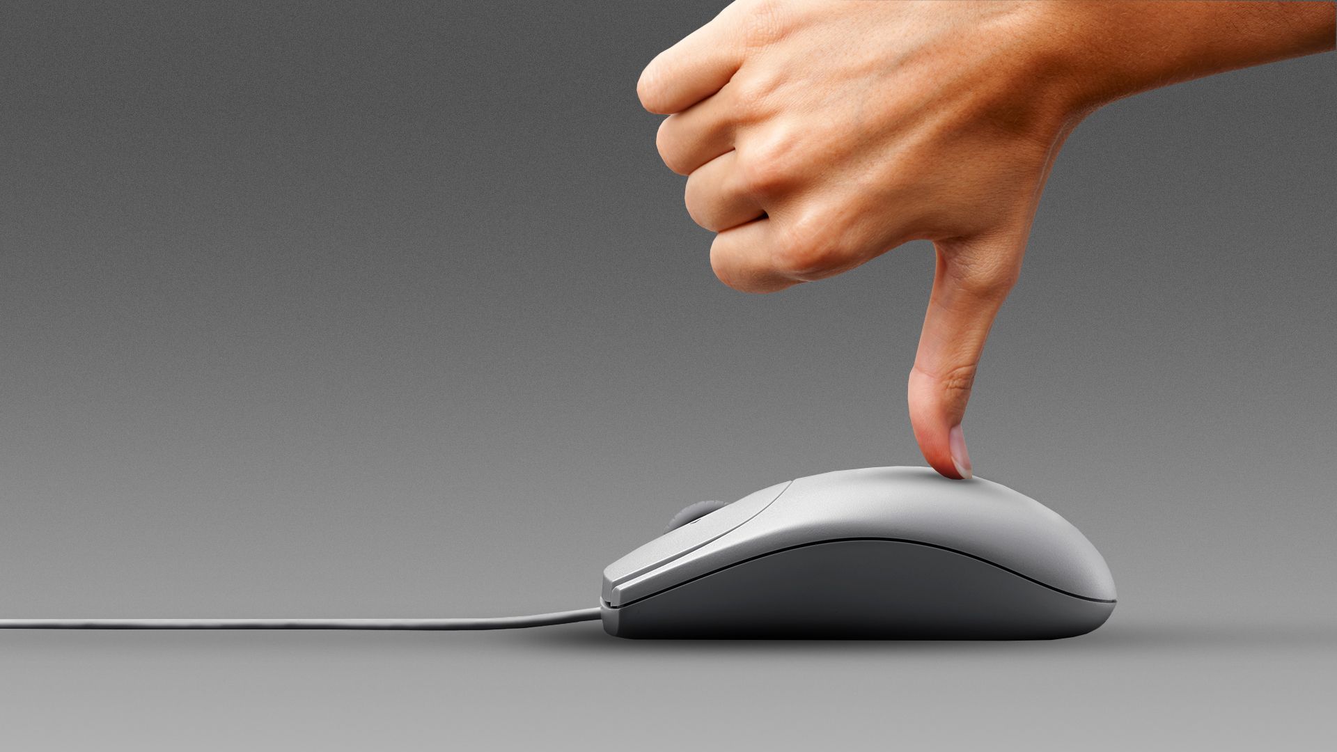 Illustration of a hand operating a computer mouse with a thumbs down instead of their pointer finger