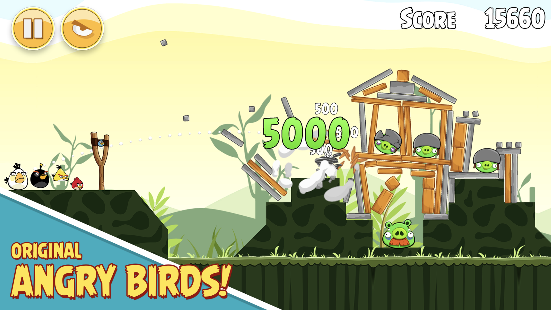 Video game screenshot  showing a collapsing house and birds nearby. Text on the image states: "Original Angry Birds!"