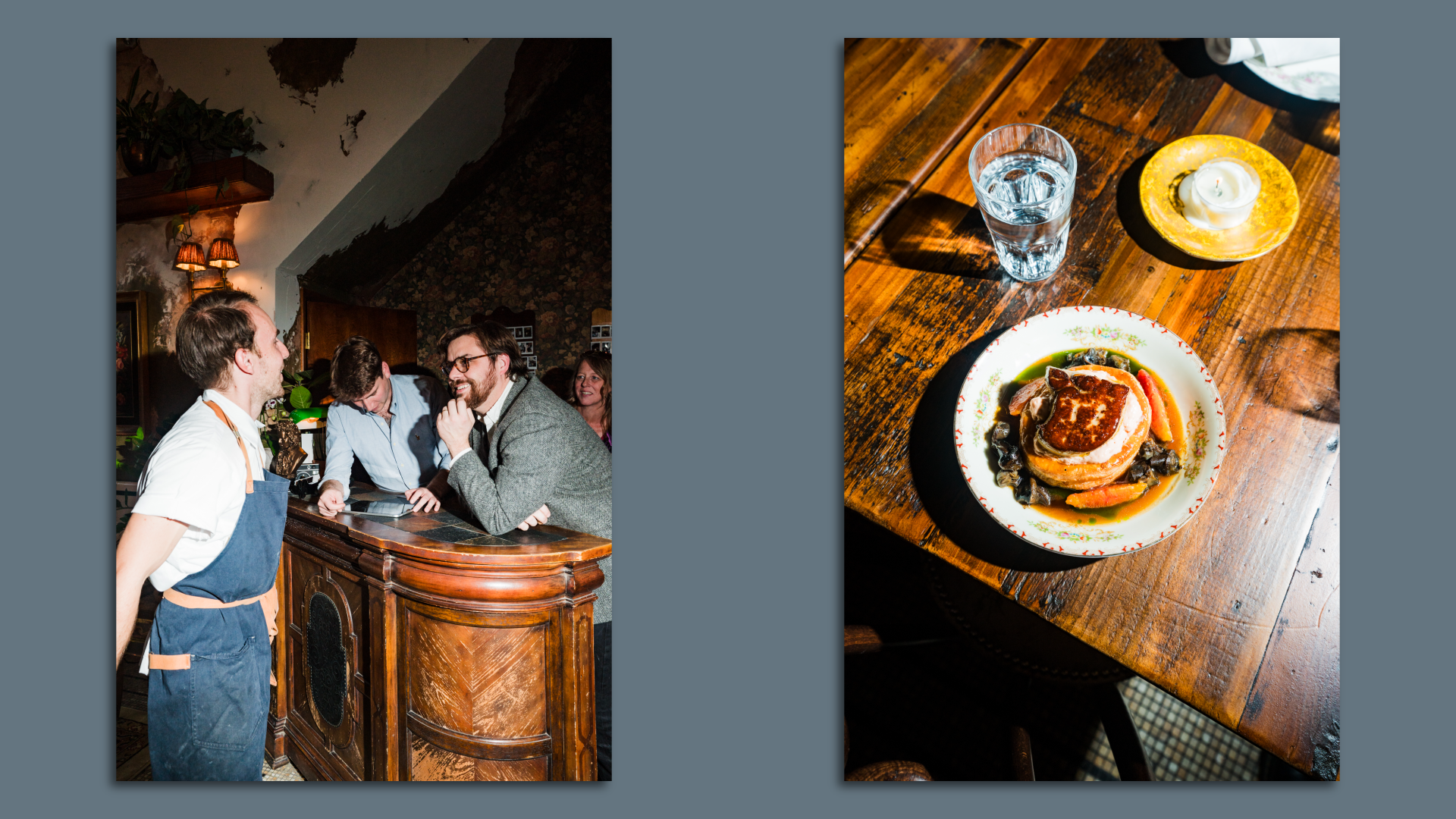 Bart Hutchins leans over the host stand (left) and a foie gras dish (right).