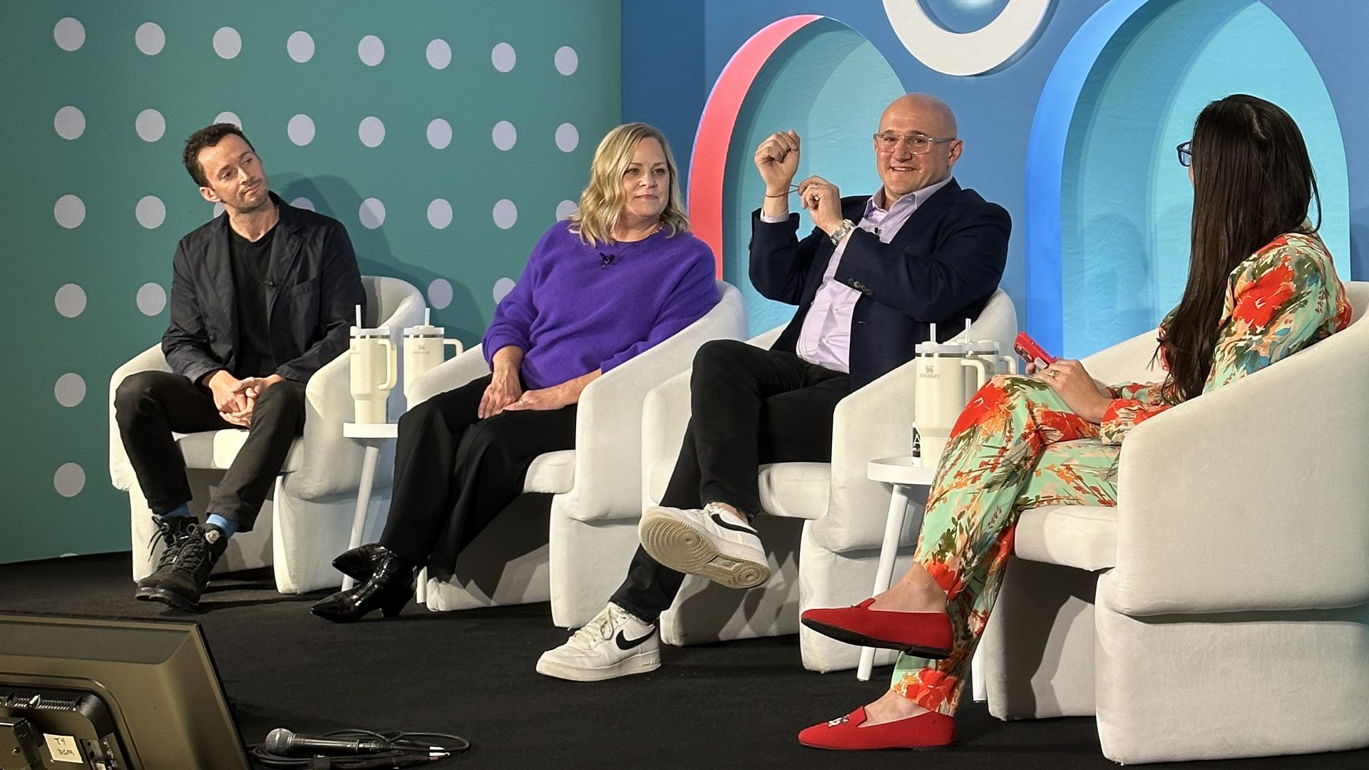 Gibson Johns, Stanley's Sue Dietrich, Betches' David Spiegel and Kerry Flynn seated in white chairs