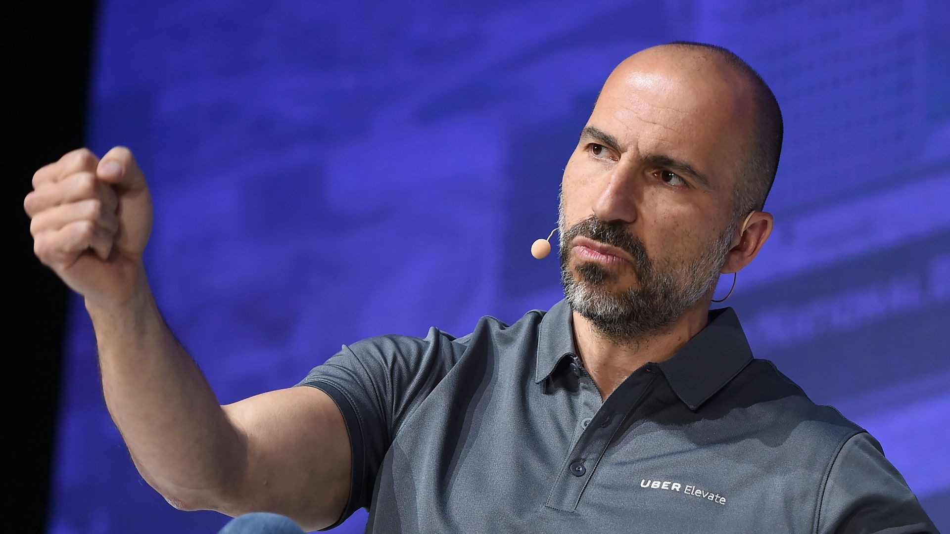 Uber Chief Executive Officer Dara Khosrowshahi speaks on stage during the second annual Uber Elevate Summit, on May 9, 2018