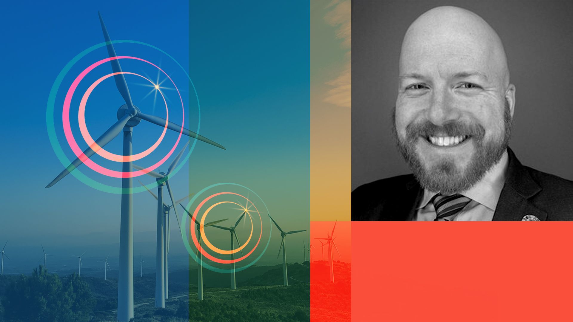 Photo illustration of Ravi Mikkelsen with blocks of color, wind turbines, and the Atmos Financial logo
