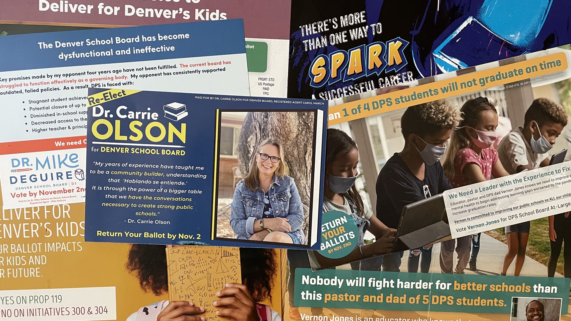 Mailers in the Denver school board race. Photo: John Frank/Axios