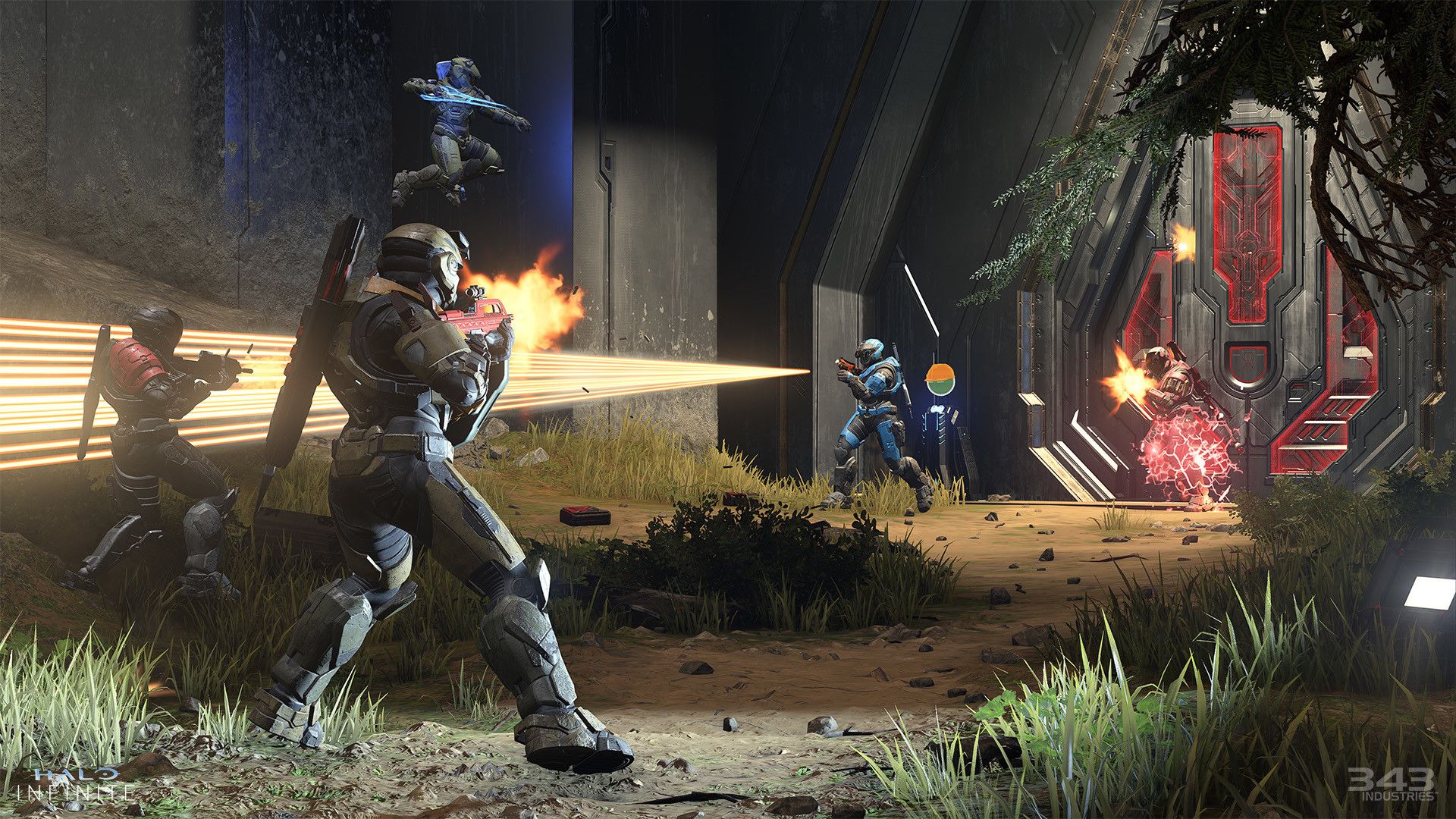 Video game screenshot of people in armor having a laser gunfight