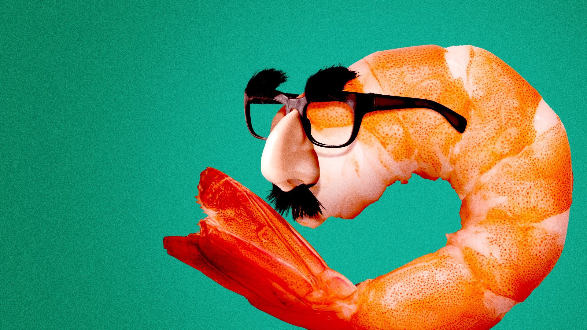 Illustration of a shrimp wearing a disguise. 