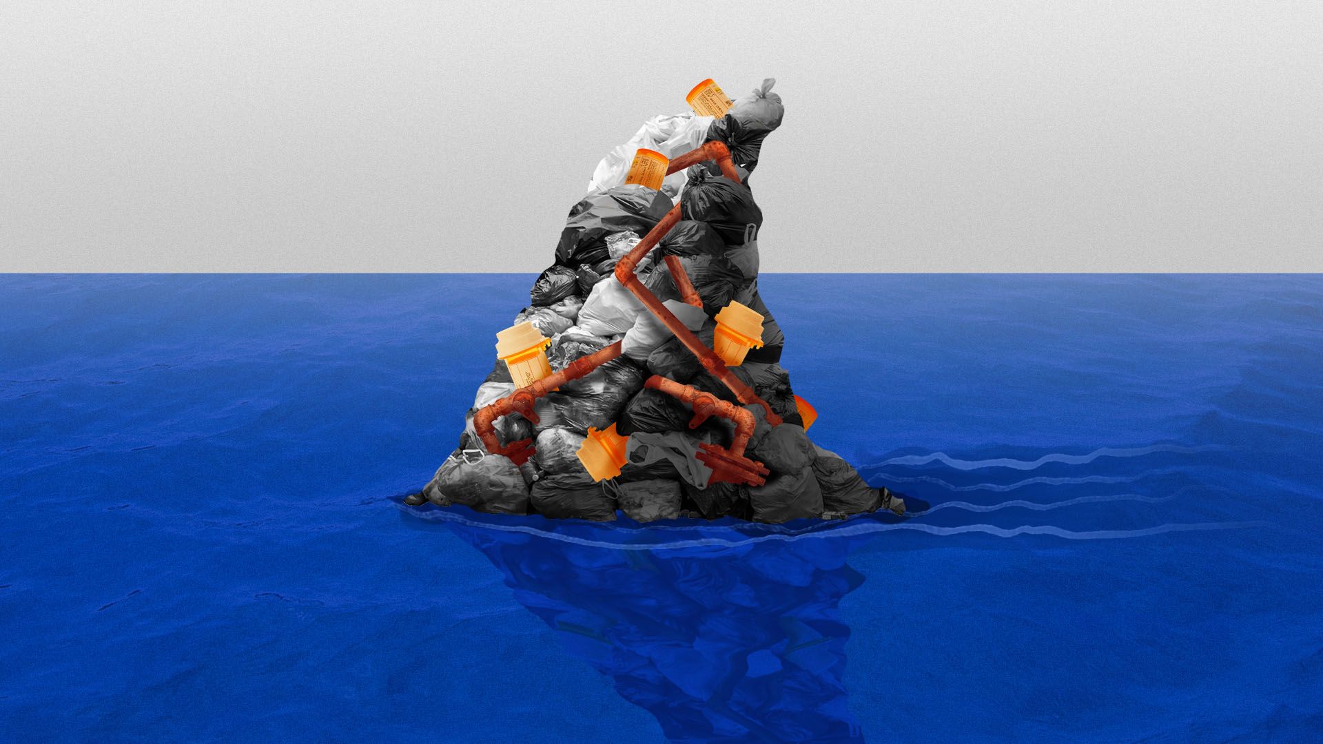 Illustration of a shark fin made out of contaminants including pill bottles, garbage, and rusty pipes