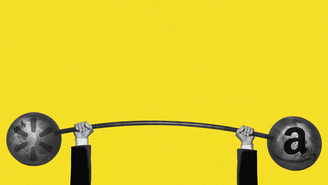 Animated gif of skinny arms in a suit struggling to raise a barbell with an amazon logo on one side and a walmart logo on the other