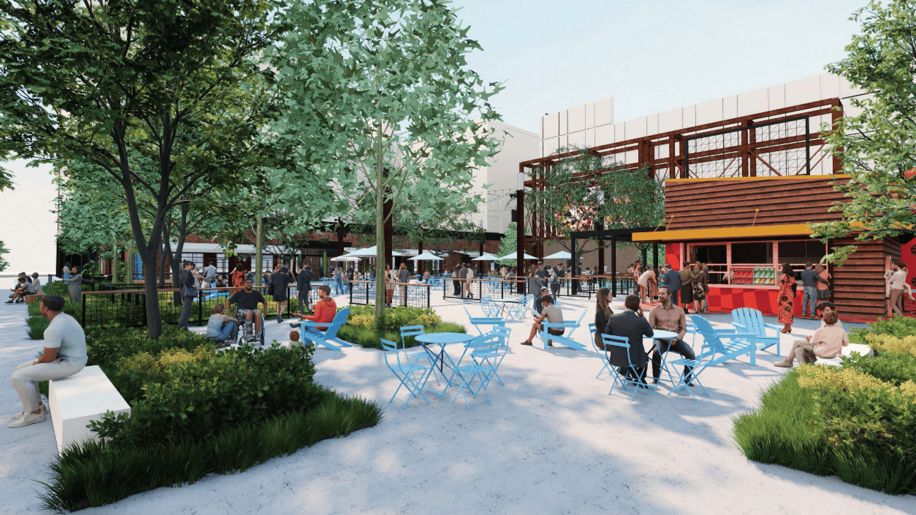 An urban outdoor plaza with tall green trees, blue metal chairs and tables, and people socializing near a red-brown modern cafe building. White umbrellas shade patio seating; lush planters line the space.