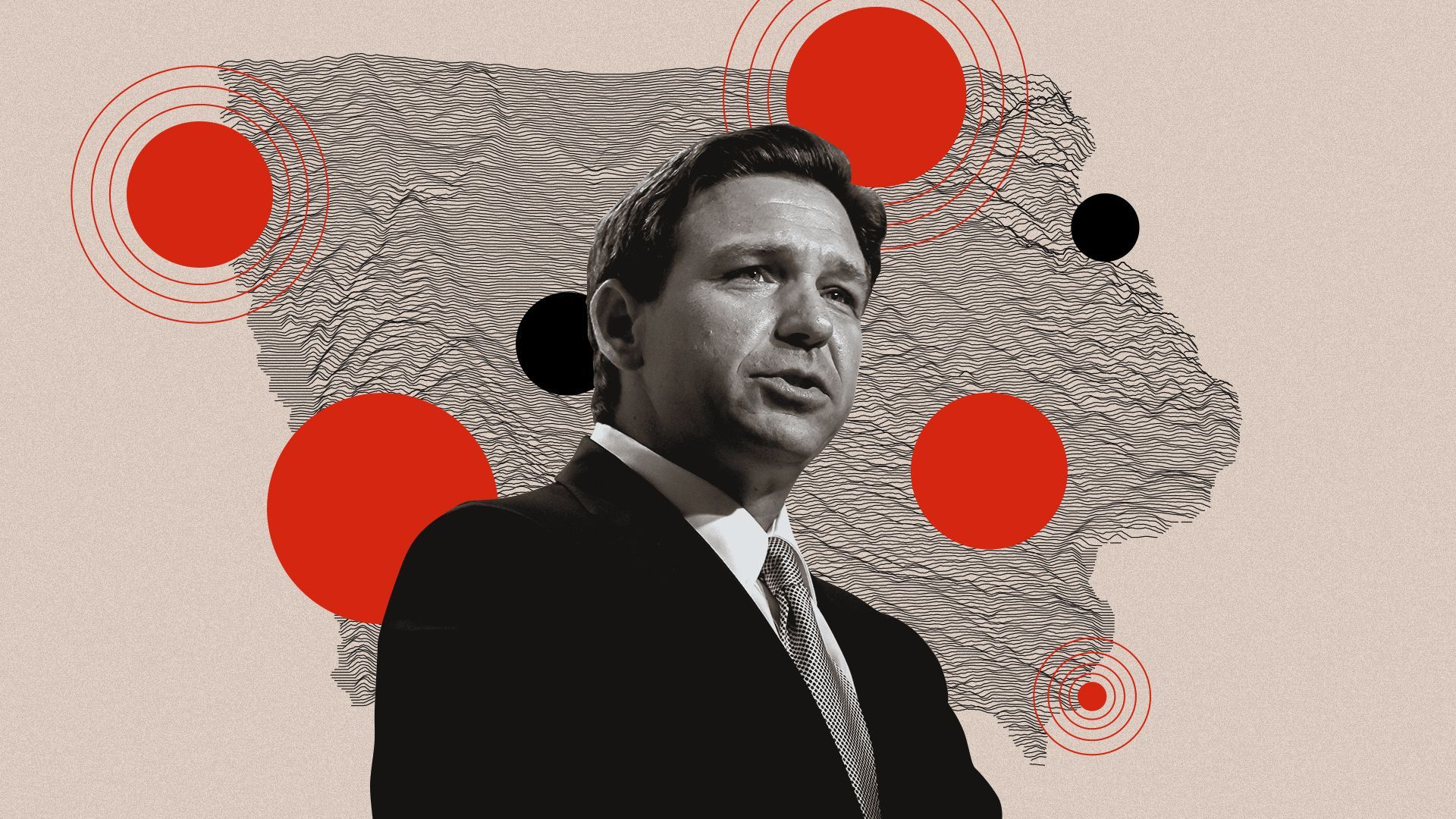 Photo illustration of Ron DeSantis against a background image of an abstract topographical map of Iowa surrounded by black and red circles. 