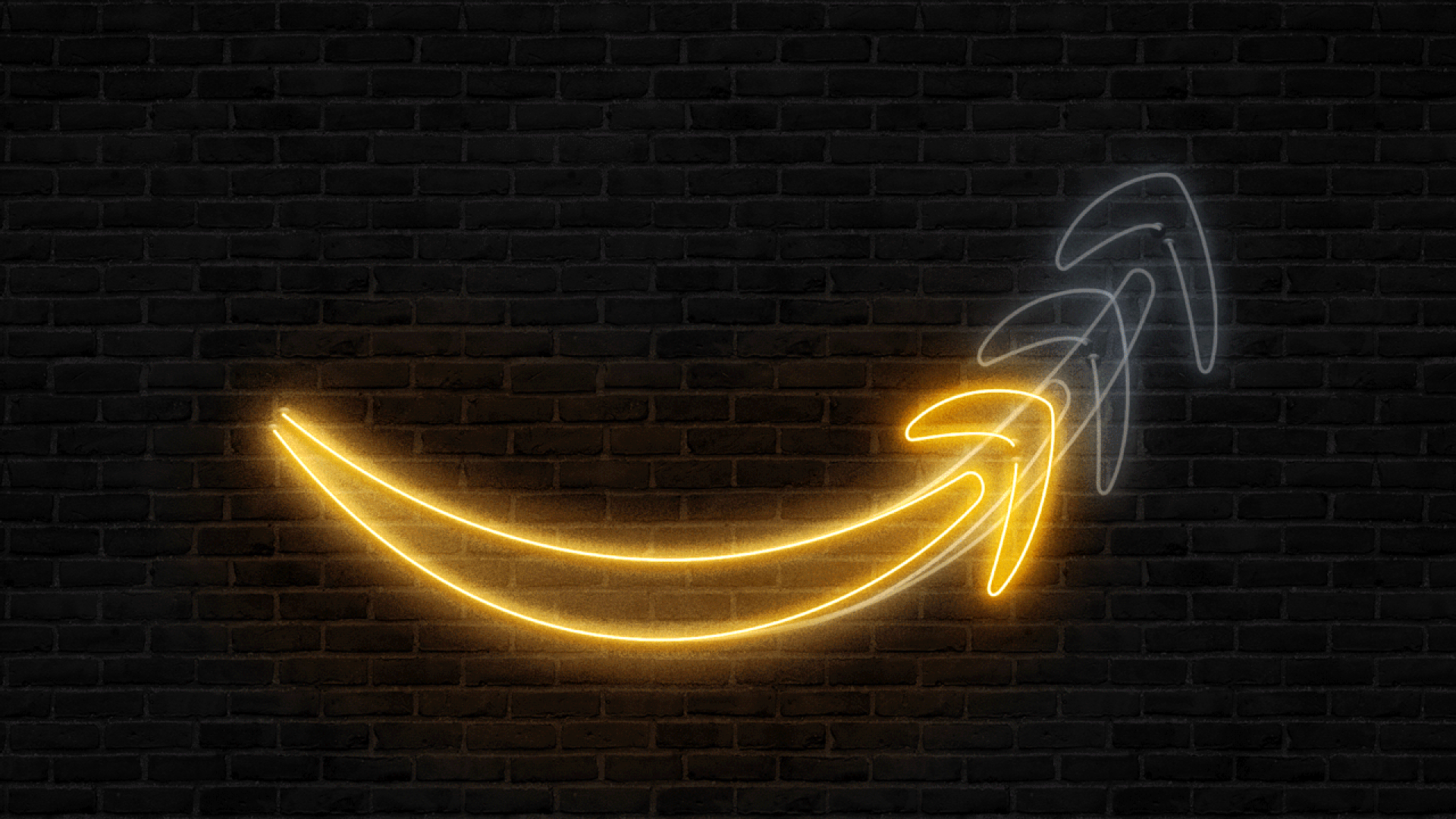 Animated illustration of a neon sign with the Amazon smile growing larger.