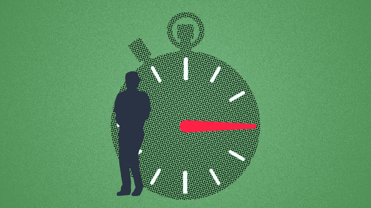 Illustration of a pitcher delivering a pitch with a stopwatch counting down in the background.