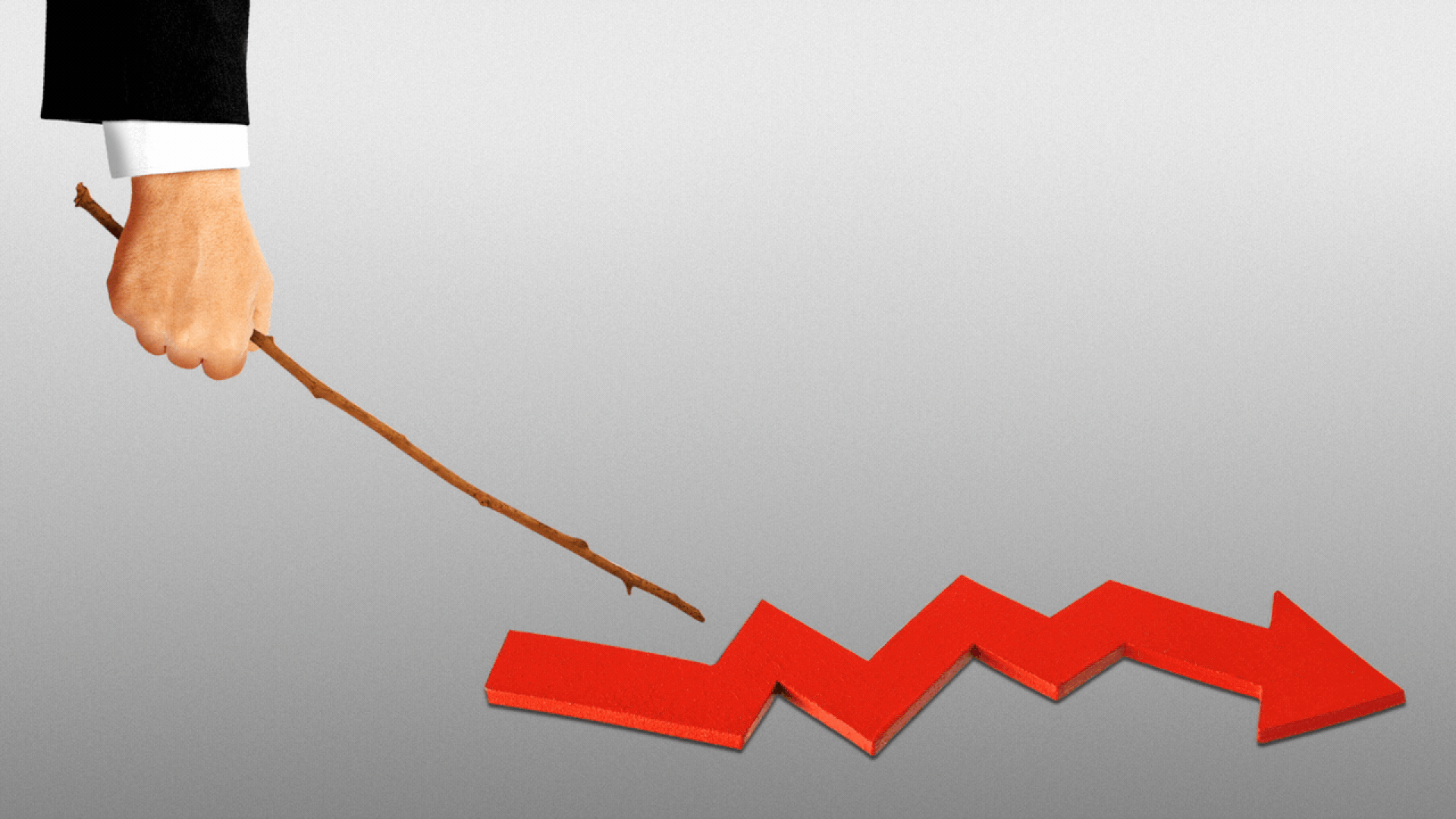 Animated illustration of a hand holding a stick poking at a market trend arrow on the ground. 