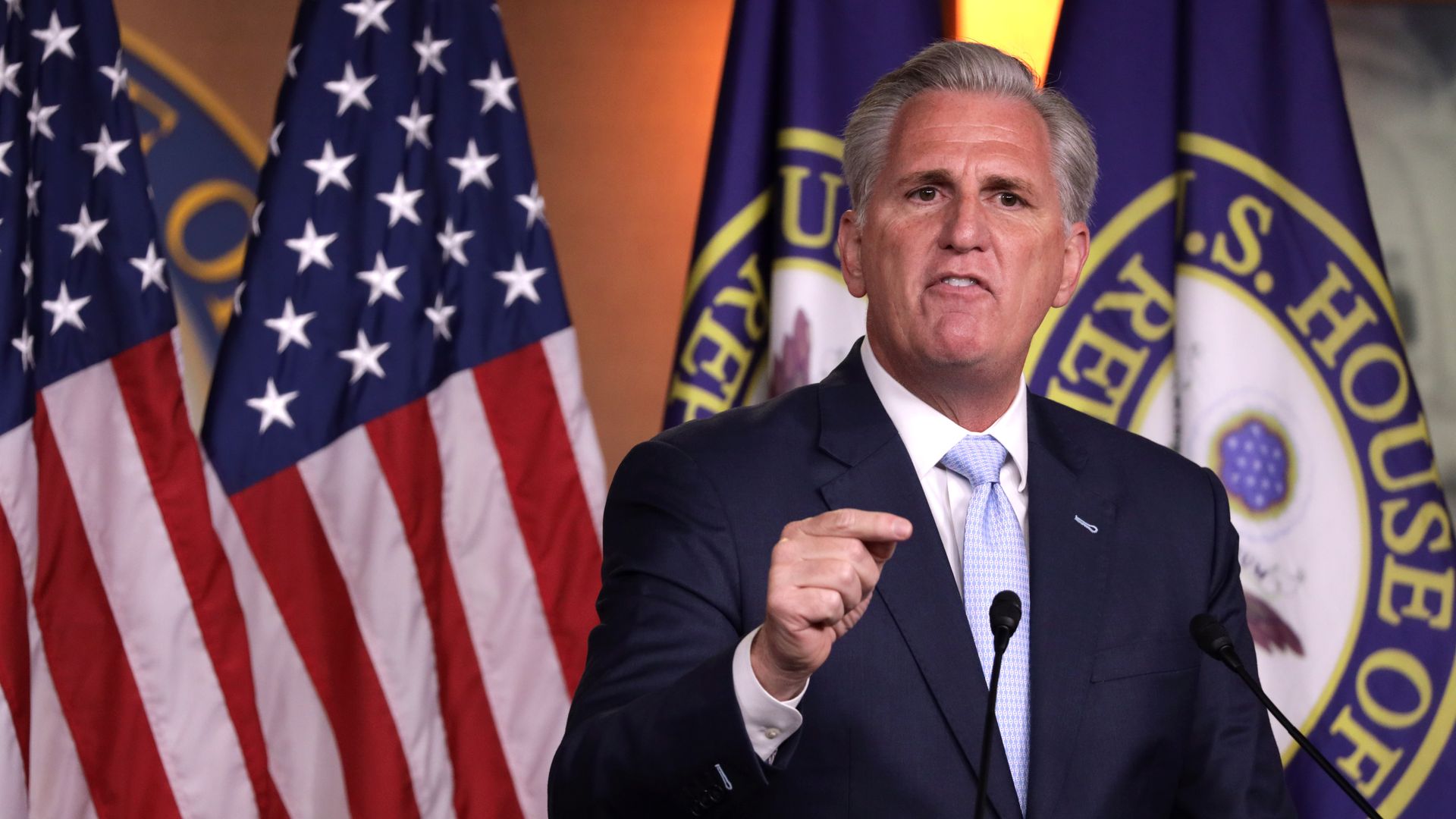 House GOP Leader Kevin McCarthy points a finger and speaks emphatically.