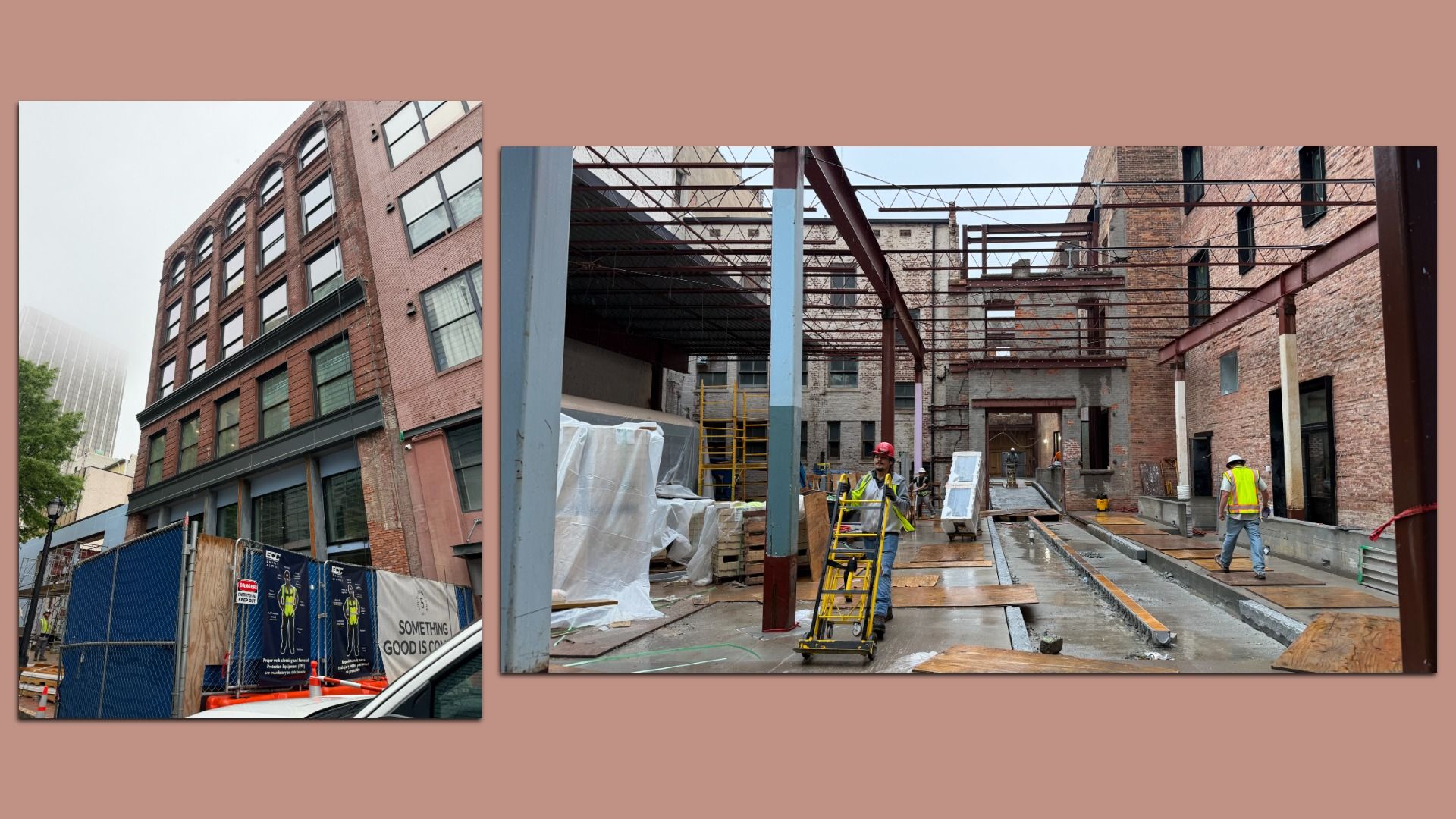 Two construction scenes on a brown backdrop: left red brick building with arched windows; right interior with steel beams, brick walls, and workers in safety vests.
