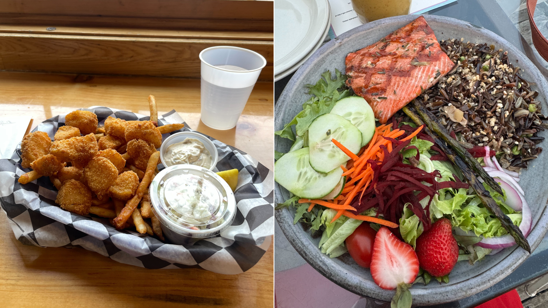 A side-by-side image of two different meals: a basket of fish and chips with a glass of water on the left, and a salad with a filet of salmon on the right