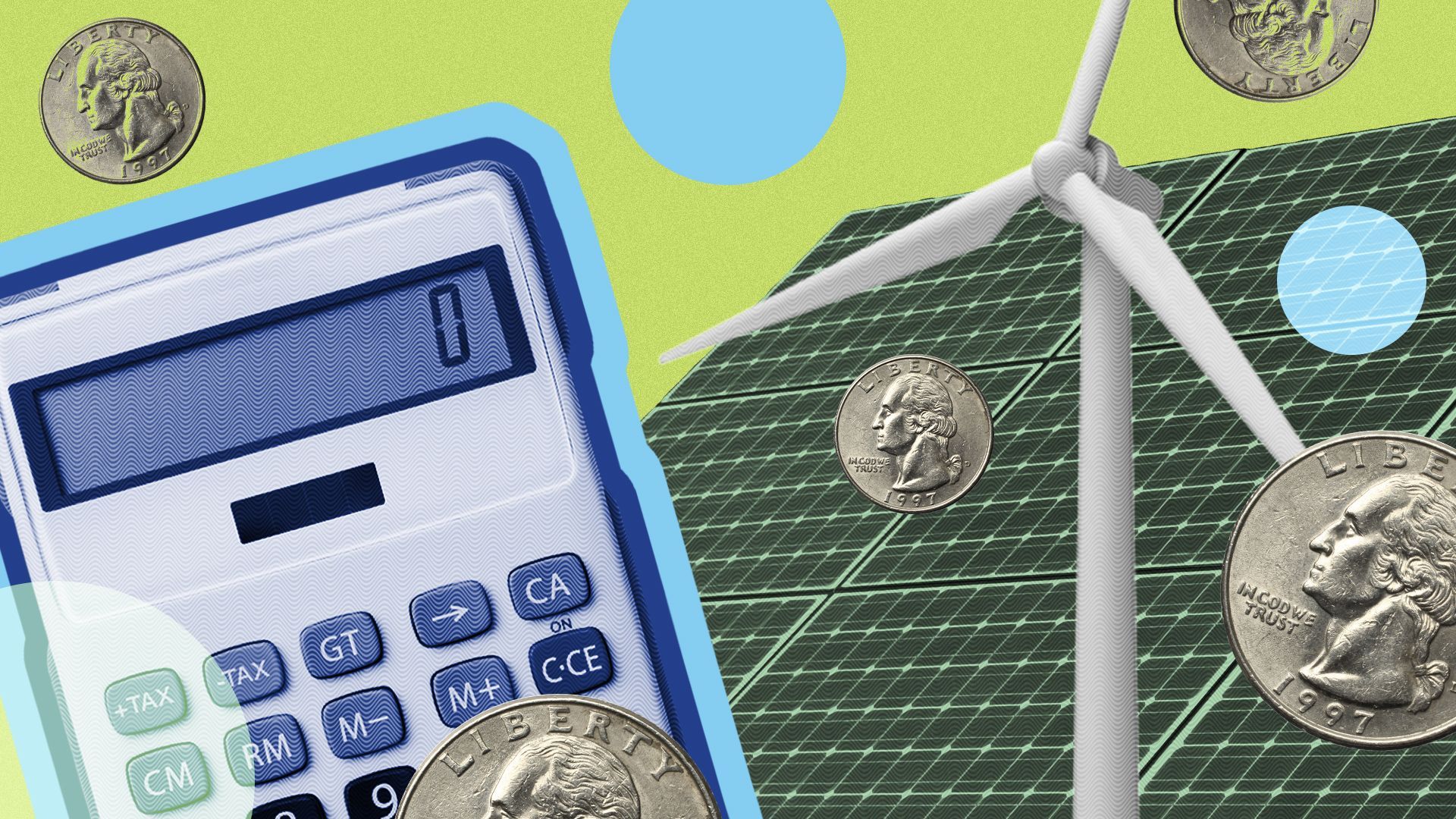 Illustration of a calculator surrounded by clean energy imagery, abstract shapes, and money elements.
