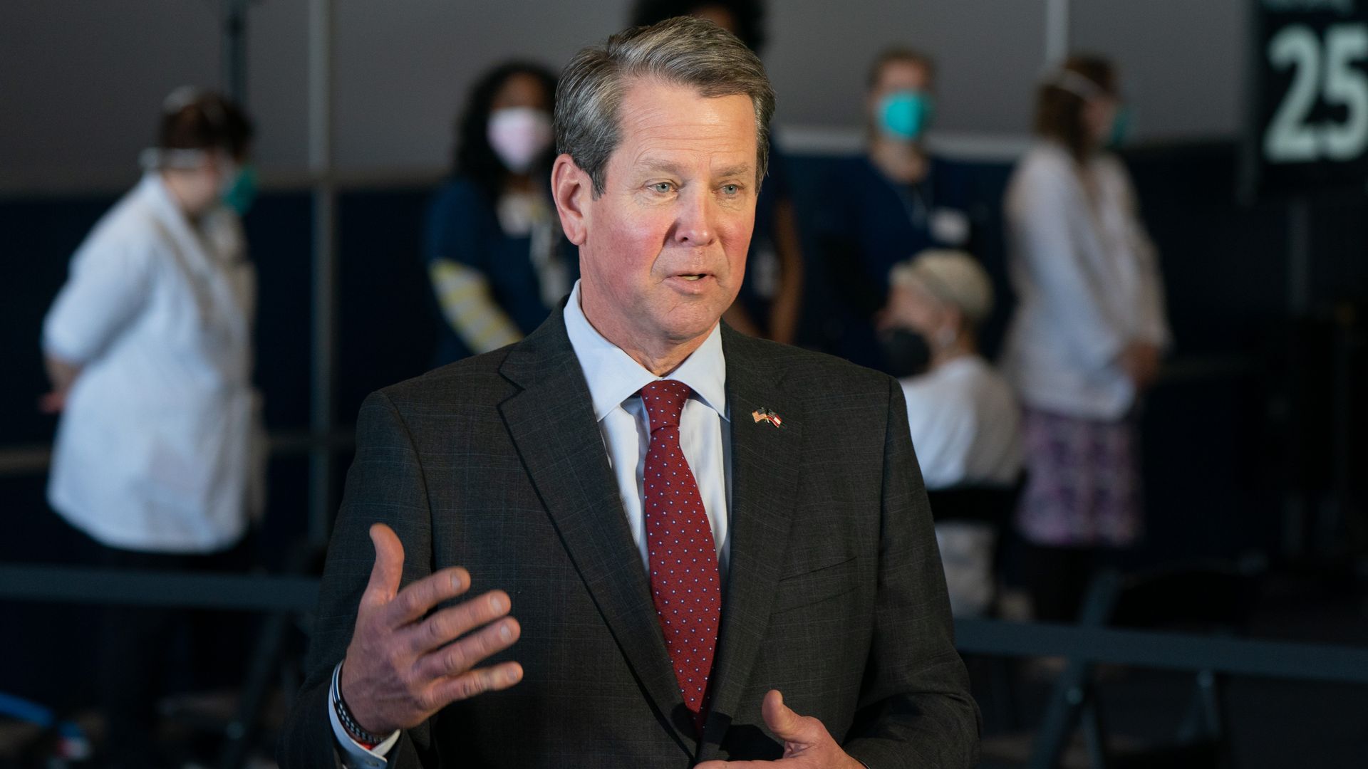 Brian Kemp, governor of Georgia, speaks during a news conference at a mass covid-19 vaccination site at the Delta Flight Museum in Hapeville, Georgia, U.S., on Wednesday, Feb. 25