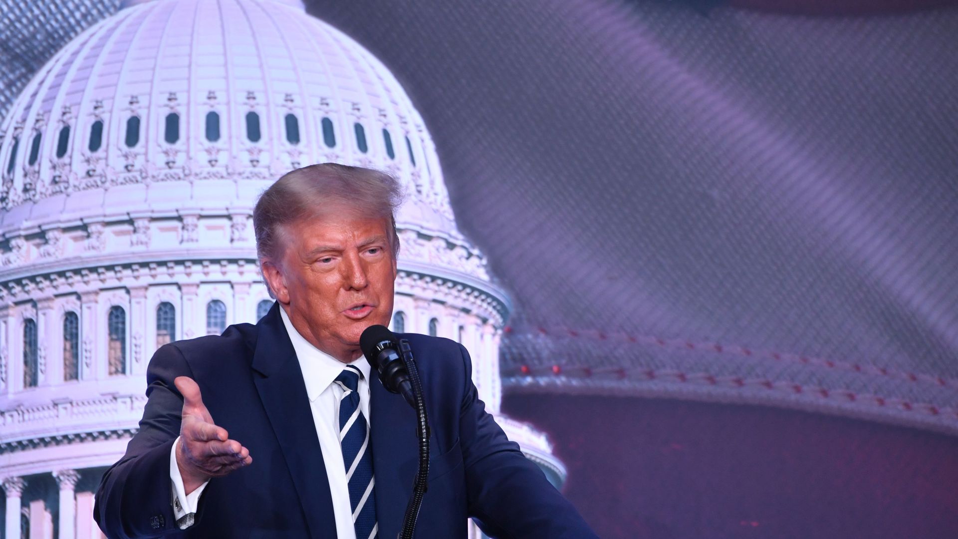 Donald Trump speaks into a microphone 