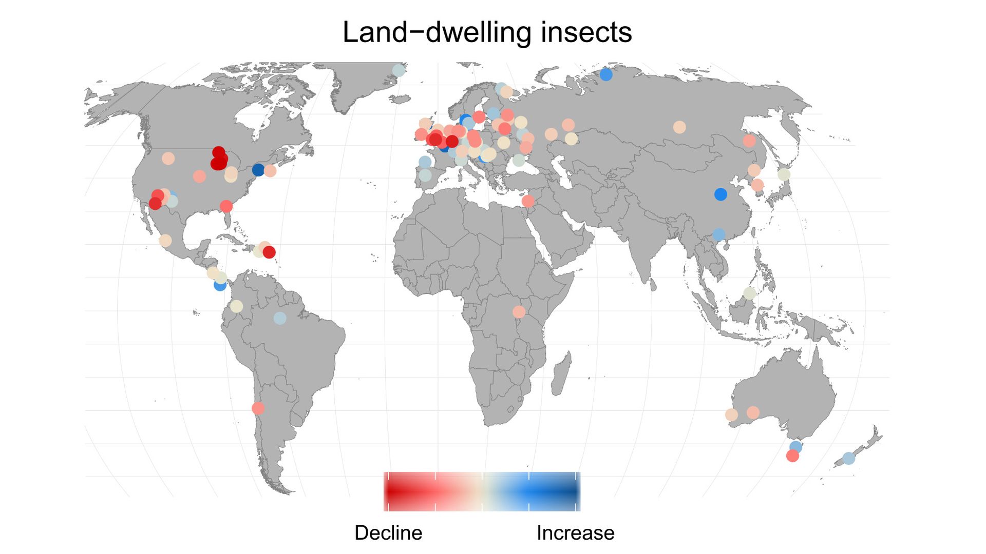 Illustration of a map showing the decrease and increase in land-dwelling insects. 