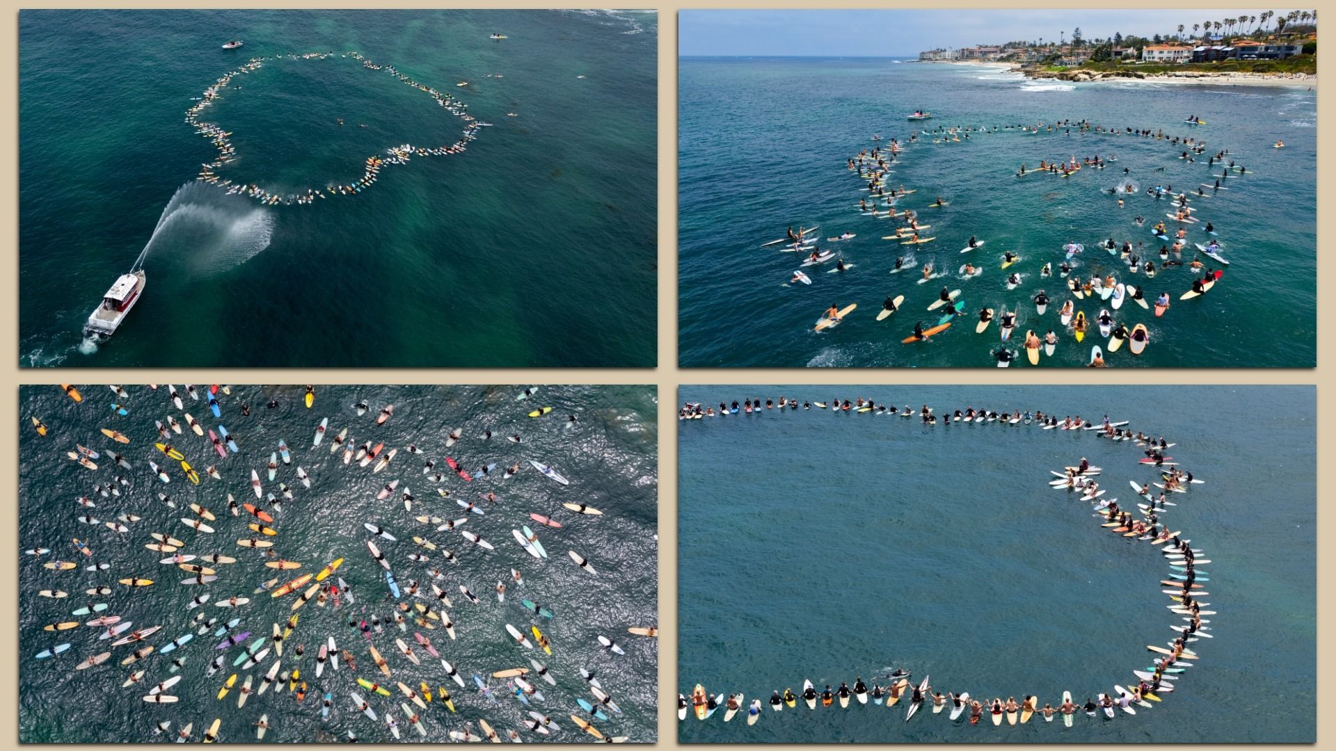 Four images of hundreds of surfers gathering in the ocean off Windandsea beach