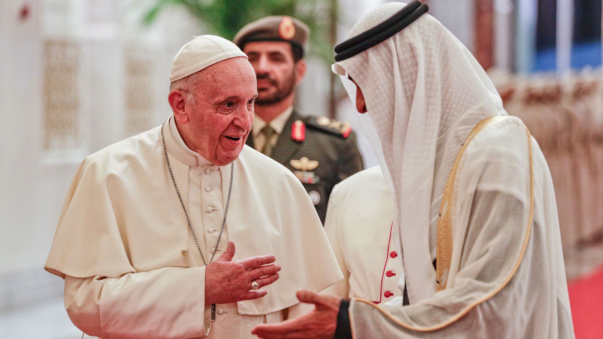 Pope Francis welcomed by Abu Dhabi's Crown Prince Sheikh Mohammed bin Zayed al-Nahyan upon his arrival in the UAE capital on Sunday. 