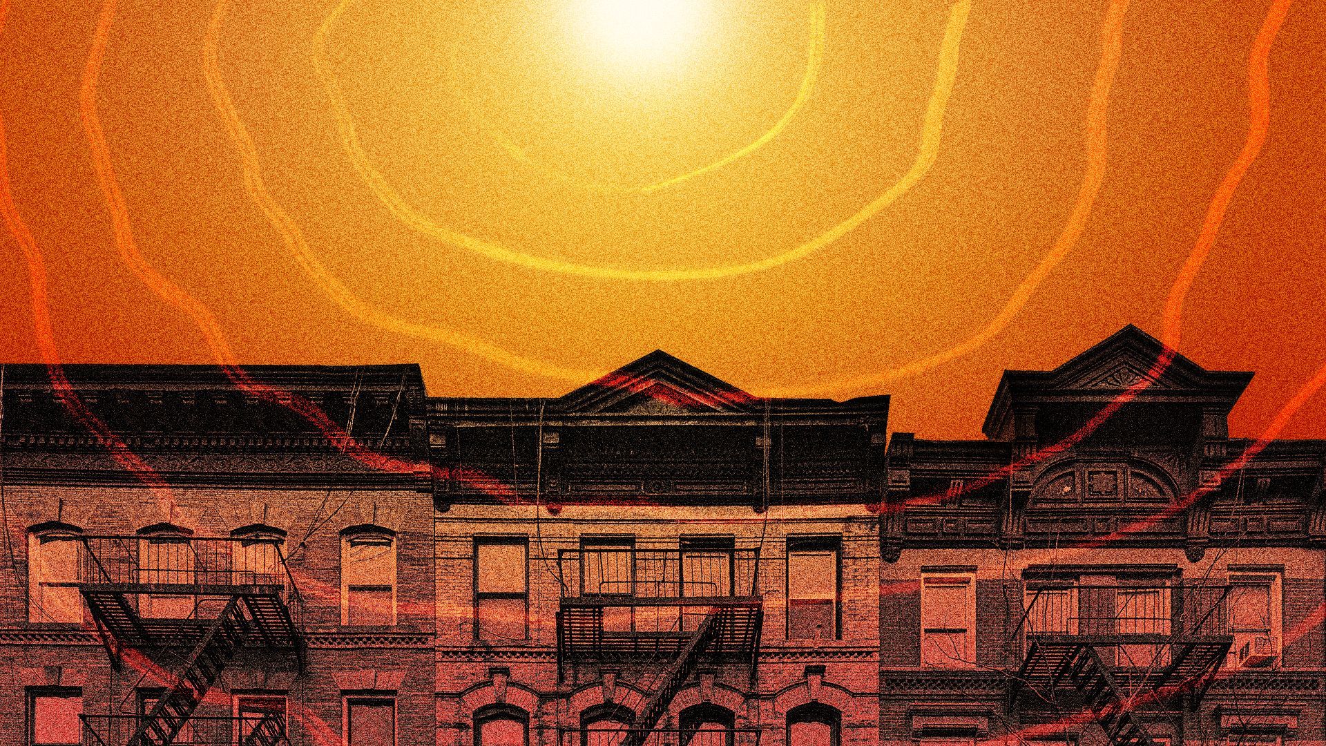 Illustration of the sun's rays beating down on apartment buildings.