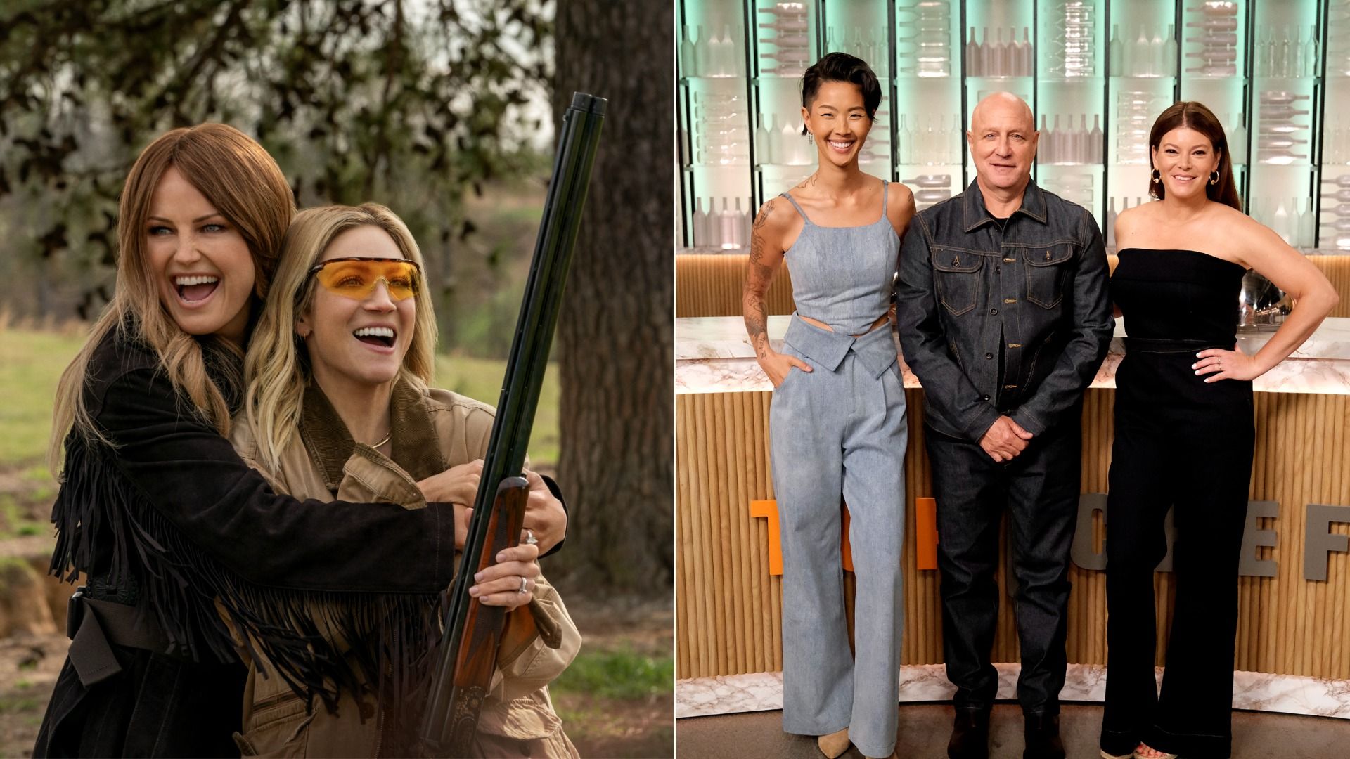 Left: Two smiling women outdoors, one in black fringe jacket embraces the other holding a shotgun, wearing yellow protective glasses. Right: Three people posing indoors against a modern backdrop.