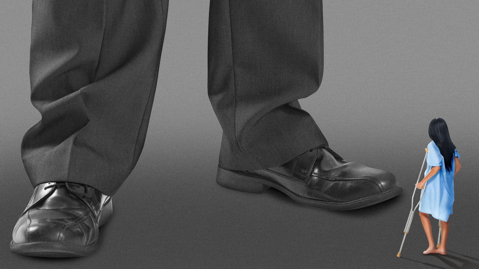 Illustration of a tiny patient with crutches looking at a giant pair of legs dressed in business clothes.