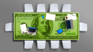 Illustration of a conference table with a hundred dollar bill on it