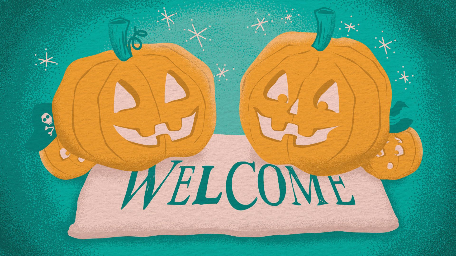 Illustration of multiple jack-o-lanterns greeting each other over a welcome mat
