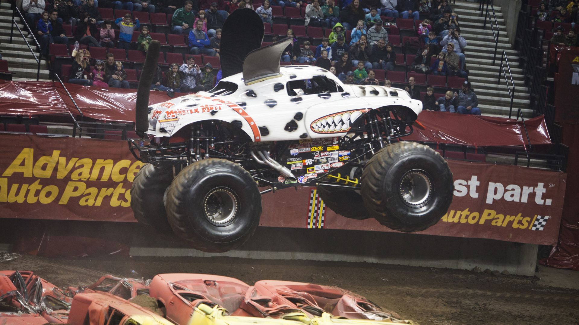 Image shows a monster truck that looks like a dalmation.