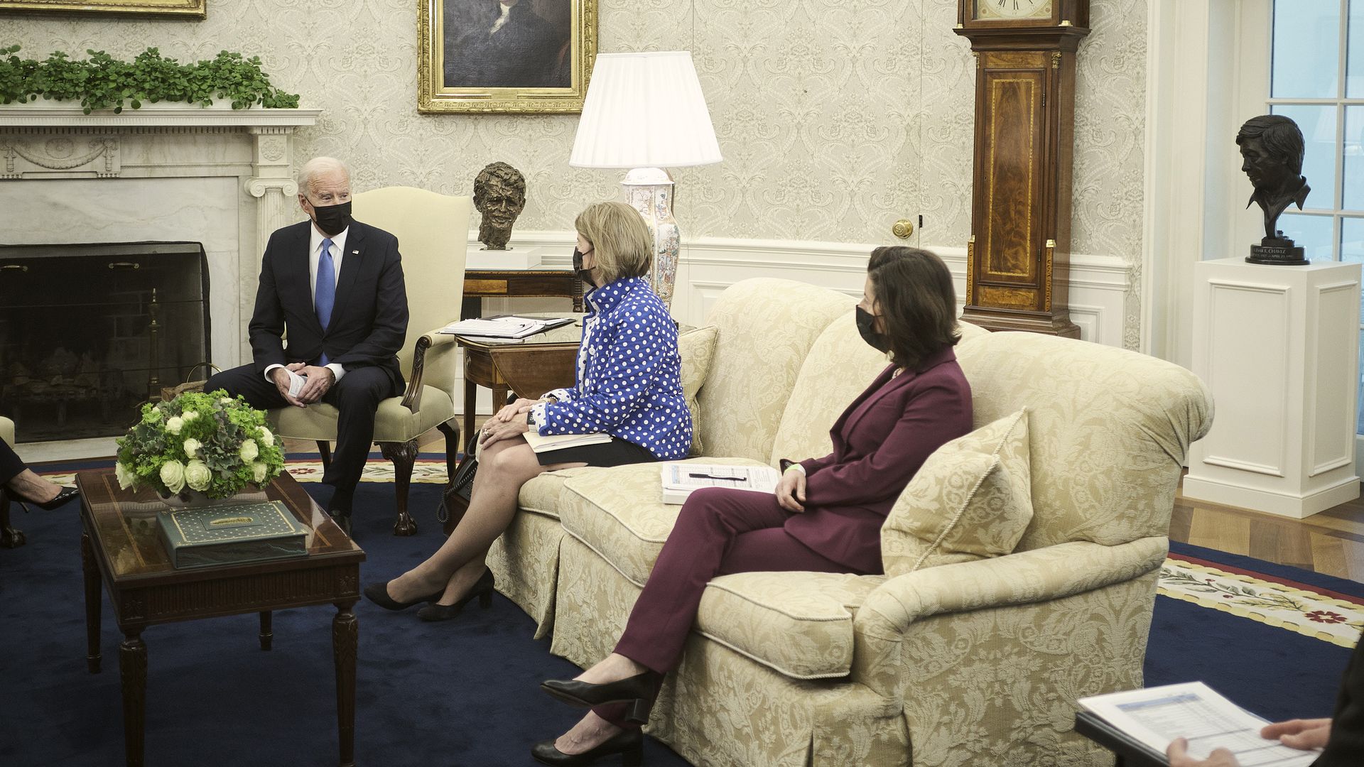 Photo of Joe Biden, Shelley Capito and Gina Raimondo sitting in a meeting in the Oval Office