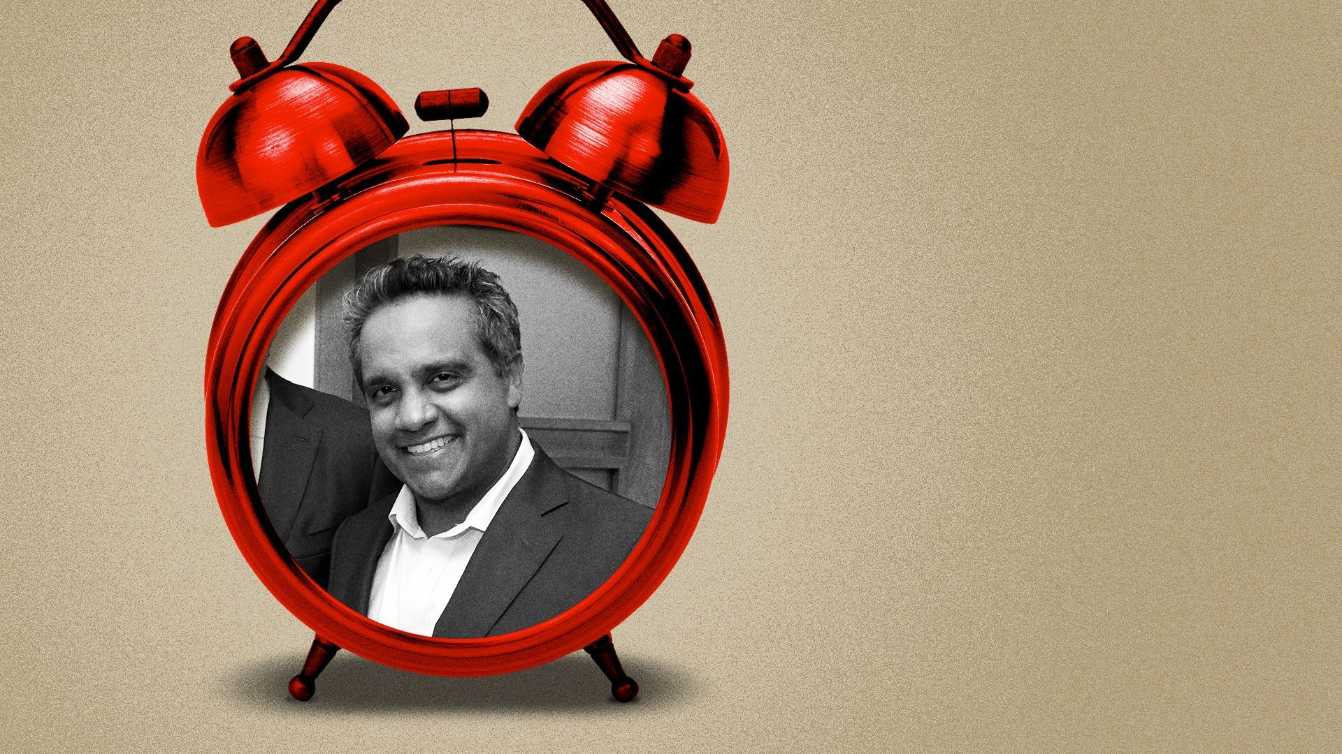 Photo illustration collage of Manu Raju inside a red alarm clock.