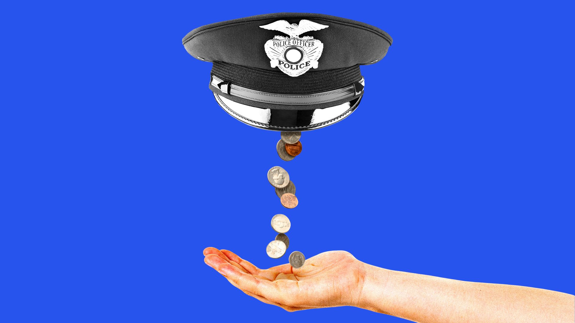 Illustration of a police hat with coins falling into an open hand. 