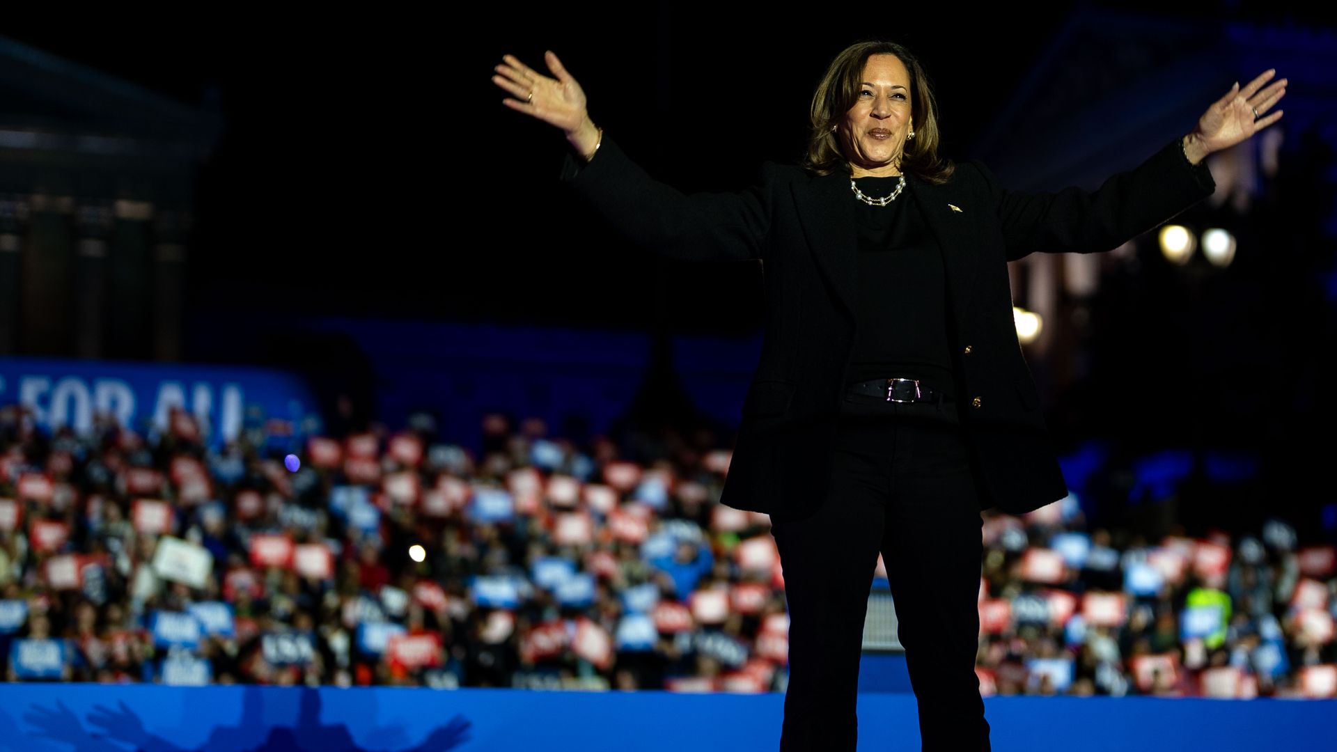 Vice President Harris arrives Monday to speak to the closing rally of her campaign, at the base of the "Rocky Steps" at the Philadelphia Museum of Art. 