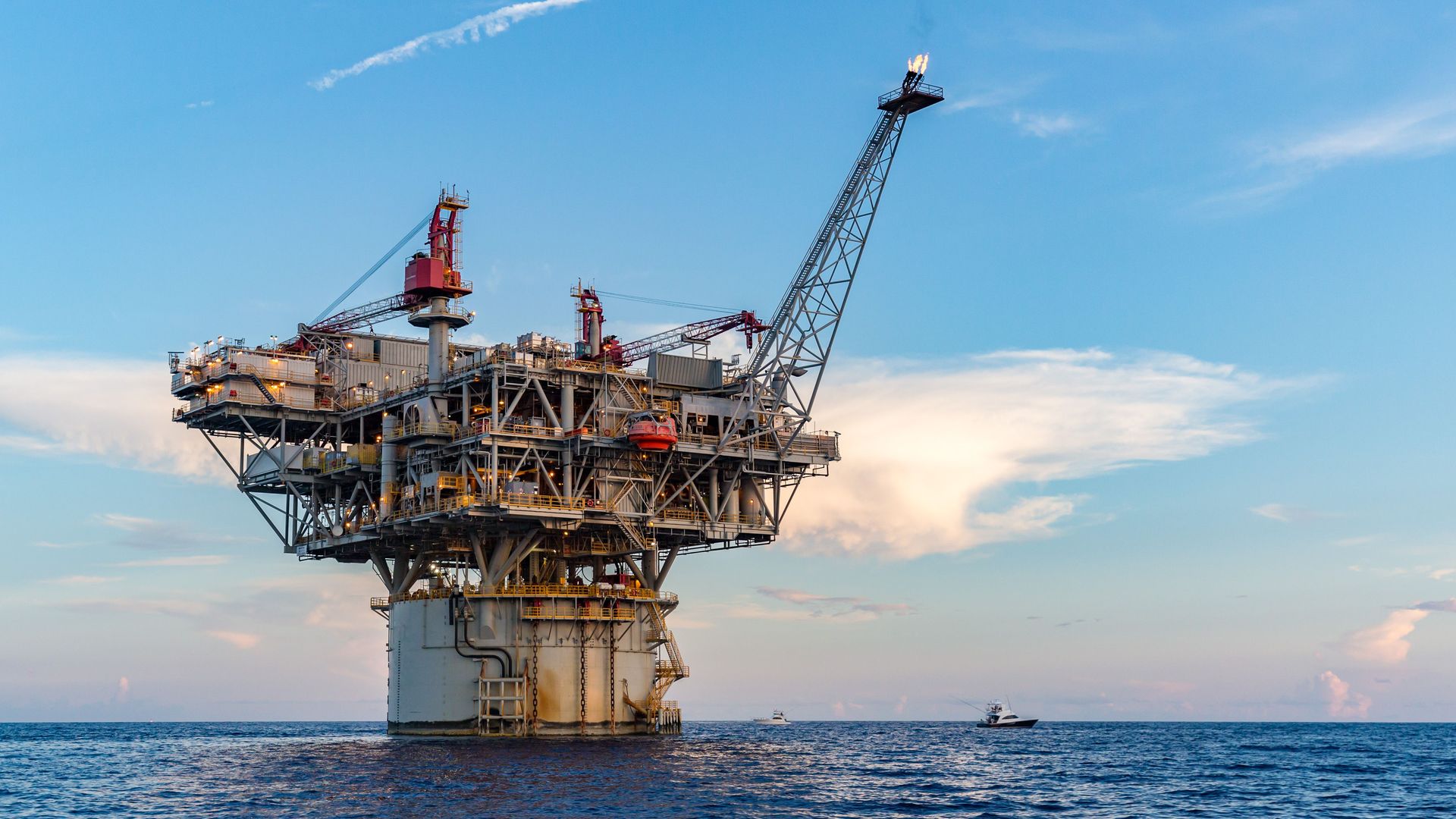 Photo taken from a boat of a petroleum drilling rig in the Gulf of Mexico.