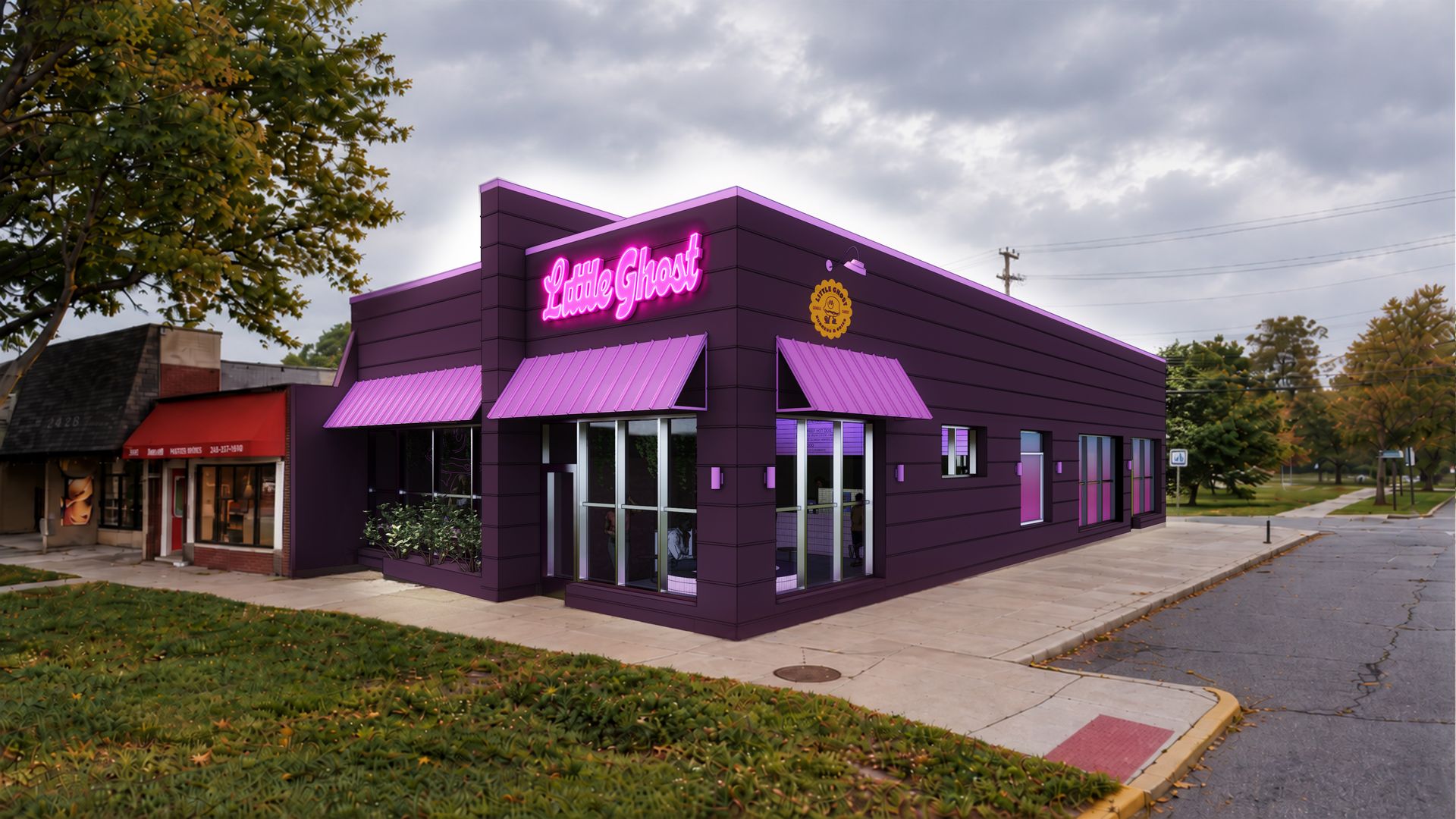 Purple corner building with neon pink sign reading "Little Ghost," purple awnings, glass storefronts, and a cloudy sky; trees and a street in the background.